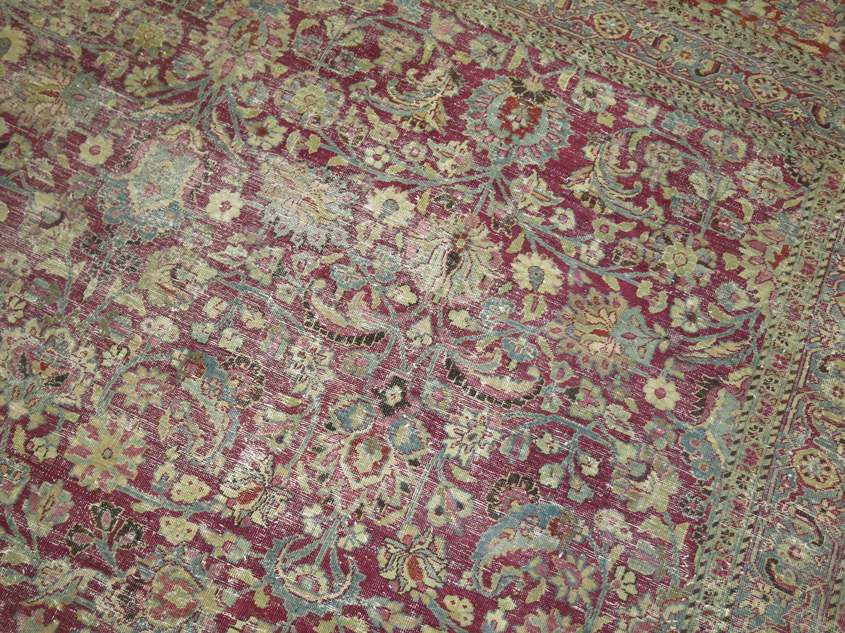 Zabihi Collection Large Raspberry Antique Persian Meshed Rug For Sale 1