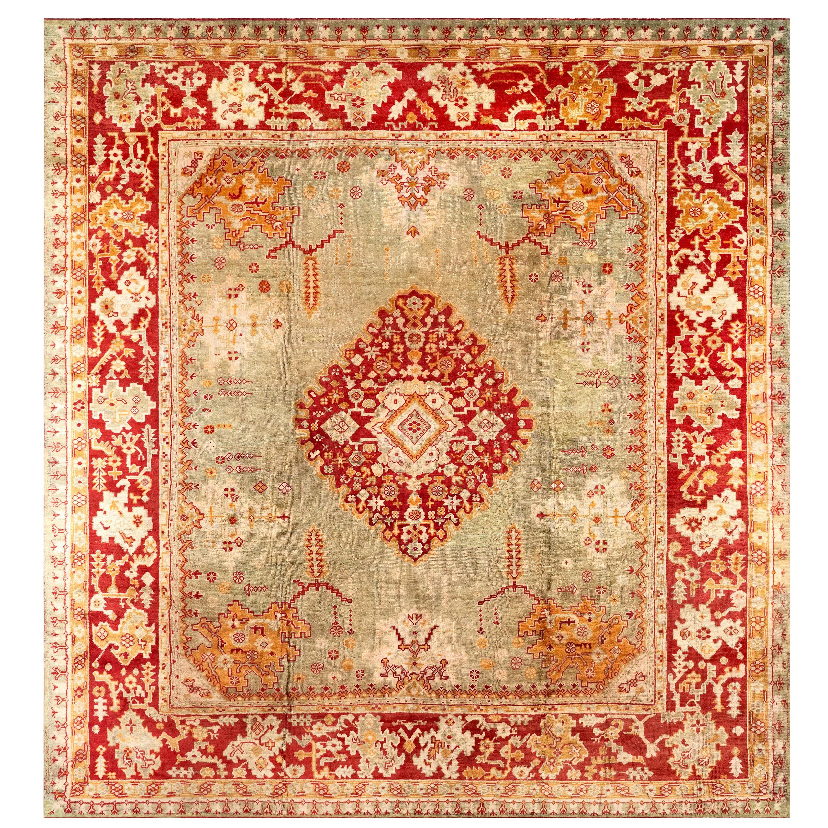 Tappeto Oushak quadrato grande verde antico della collezione Zabihi