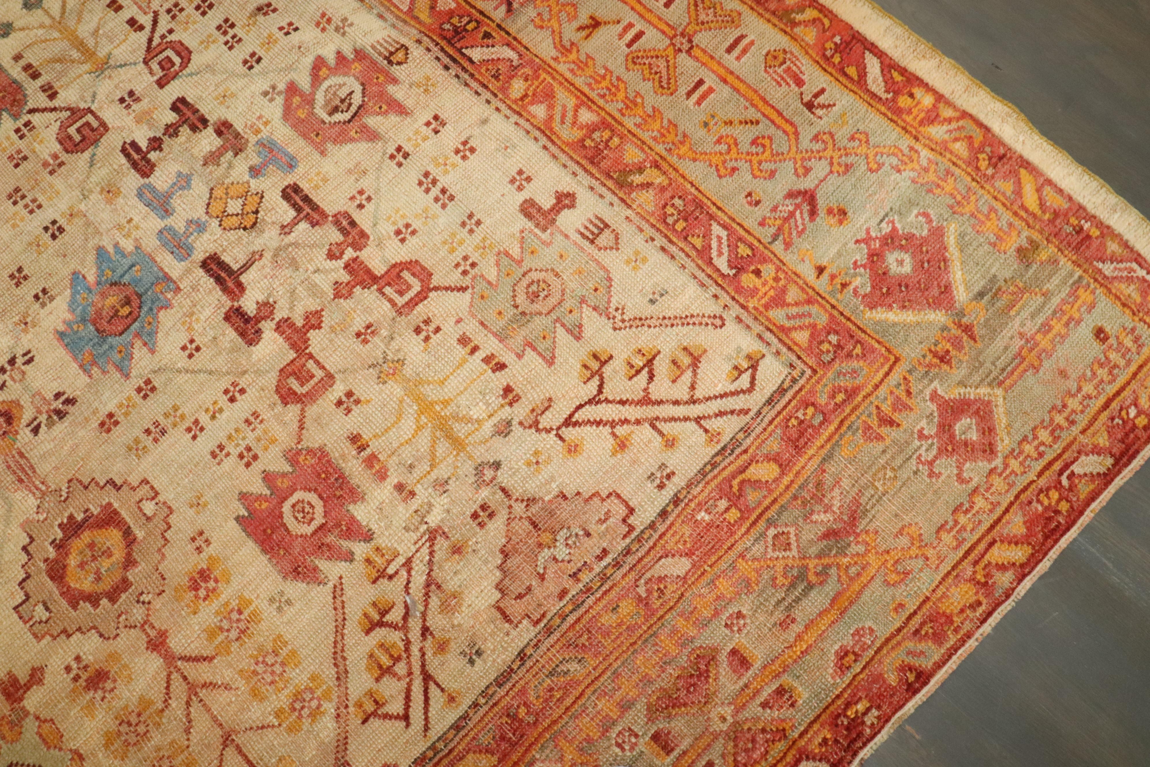 Wool Zabihi Collection Late 19th Century Antique Turkish Oushak Rug For Sale