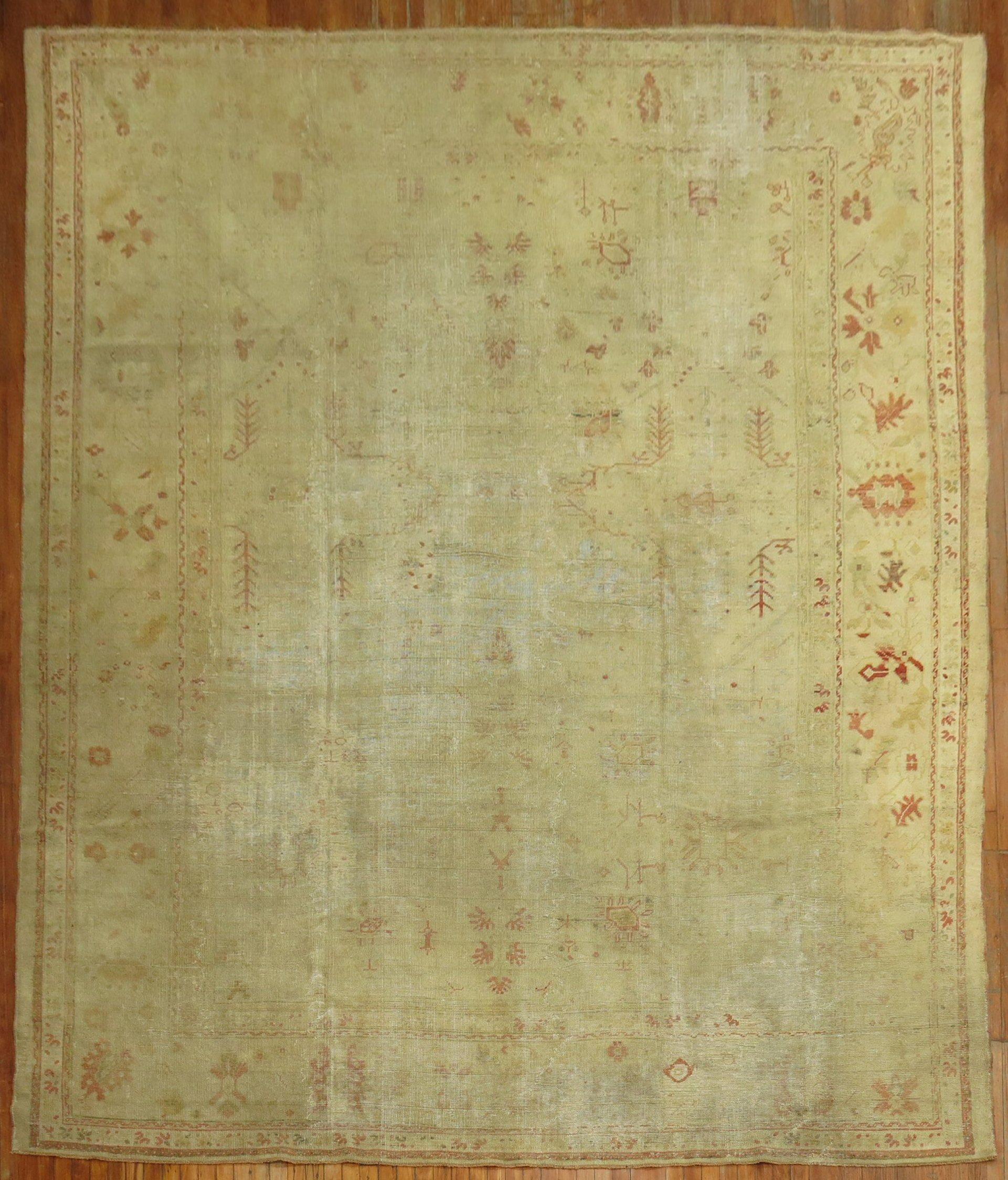 Hand-Woven Zabihi Collection Late 19th Century Antique Turkish Oushak Worn Rug For Sale