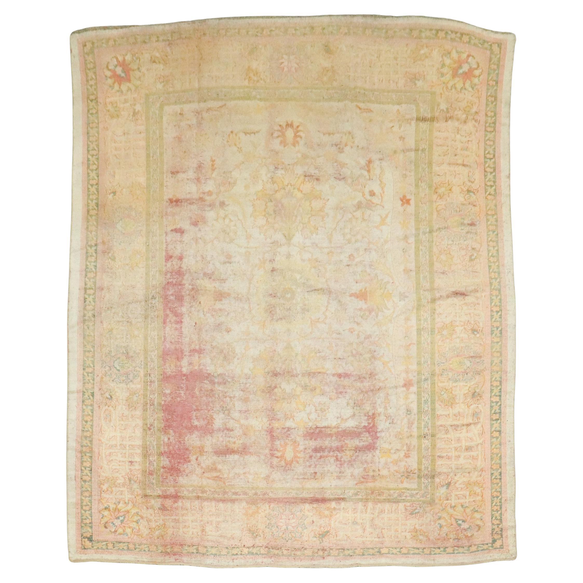 Zabihi Collection Late 19th Century Antique Turkish Oushak Worn Rug