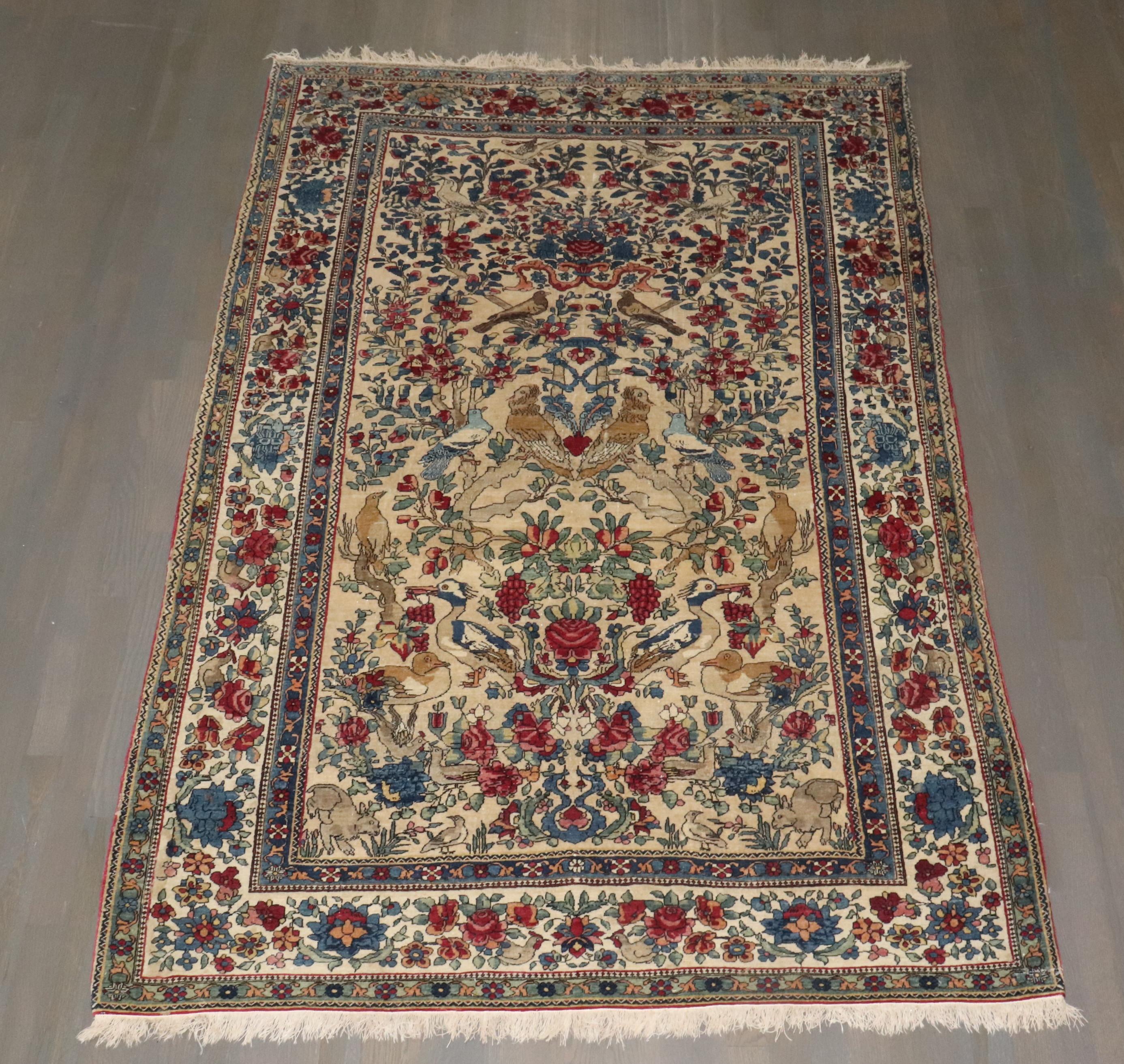 Wool Zabihi Collection Late 19th Century Botanical Animal Persian Tehran Rug For Sale