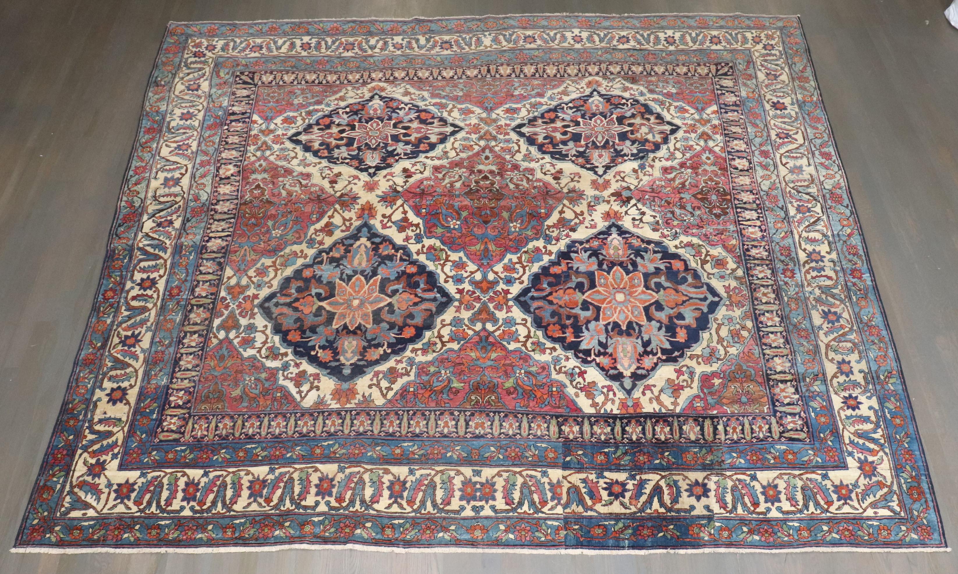 A square size late 19th century Lavar Kerman Rug with an all-over floral large-scale pattern on an ivory-colored background

Details
rug no.	j3842
size	9' 6