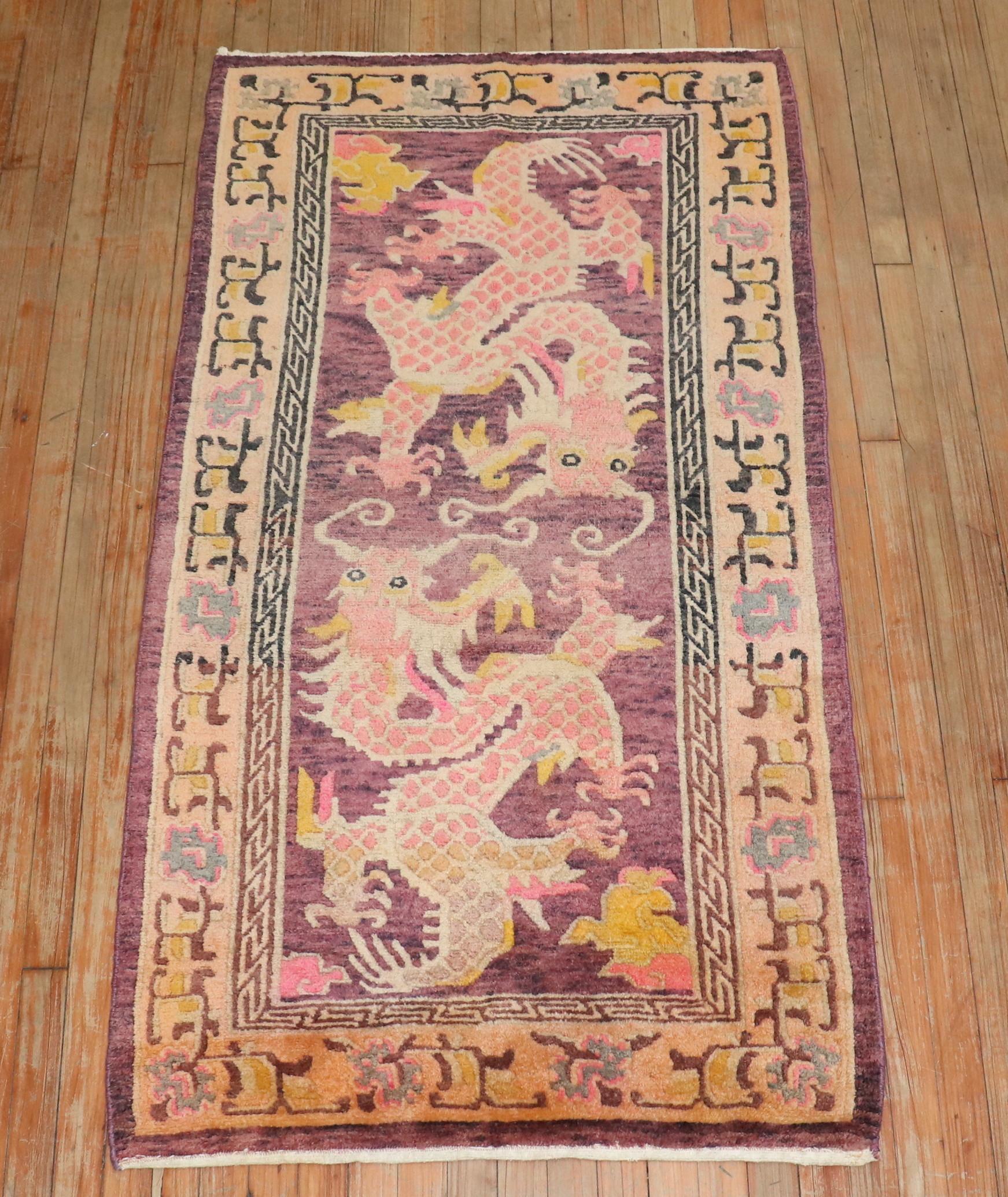 Folk Art Zabihi Collection Lavender Dragon Vintage Tibetan Rug