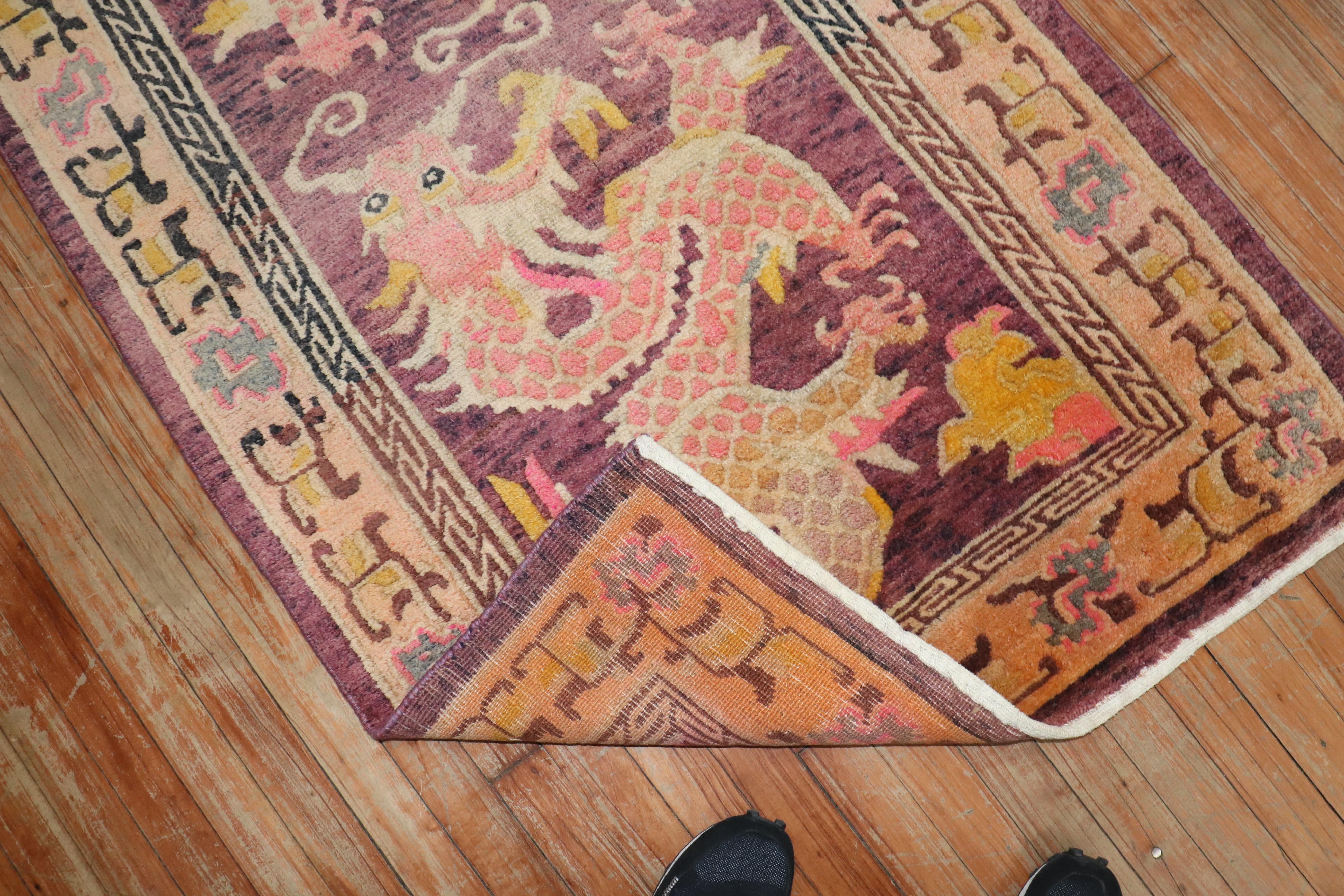 Wool Zabihi Collection Lavender Dragon Vintage Tibetan Rug