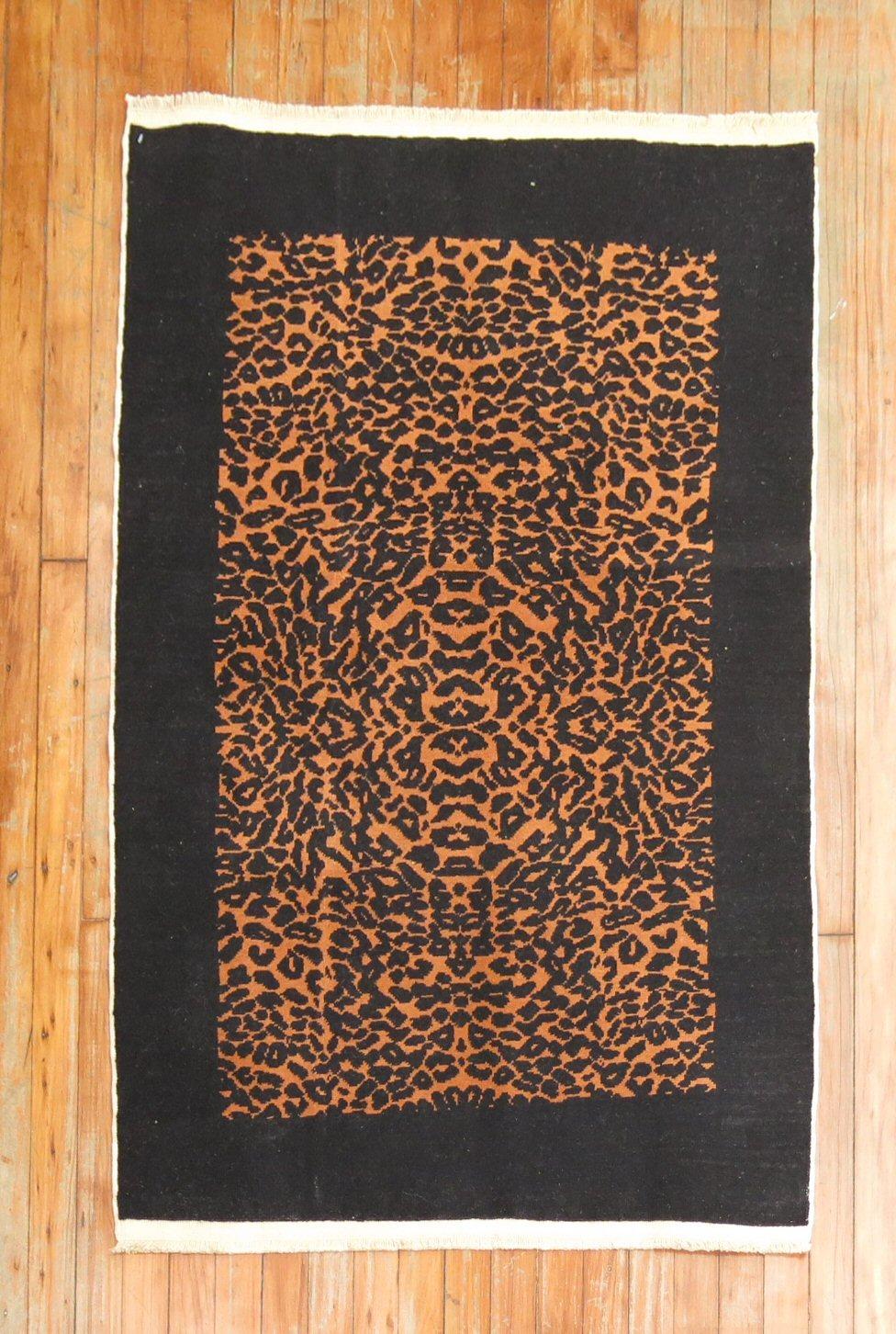 Hand-Woven Zabihi Collection Leopard Vintage Turkish Small Rug For Sale