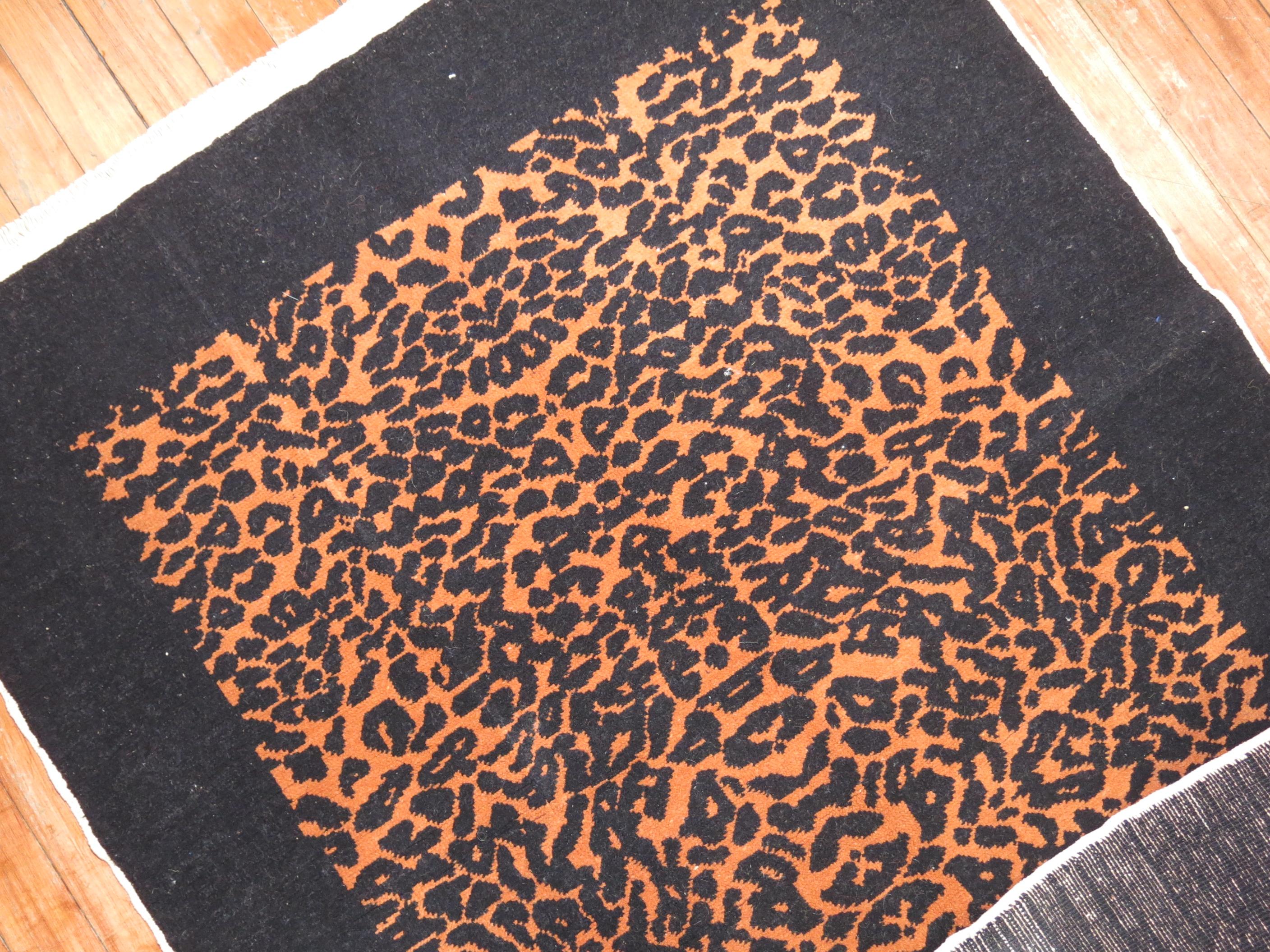 Wool Zabihi Collection Leopard Vintage Turkish Small Rug For Sale