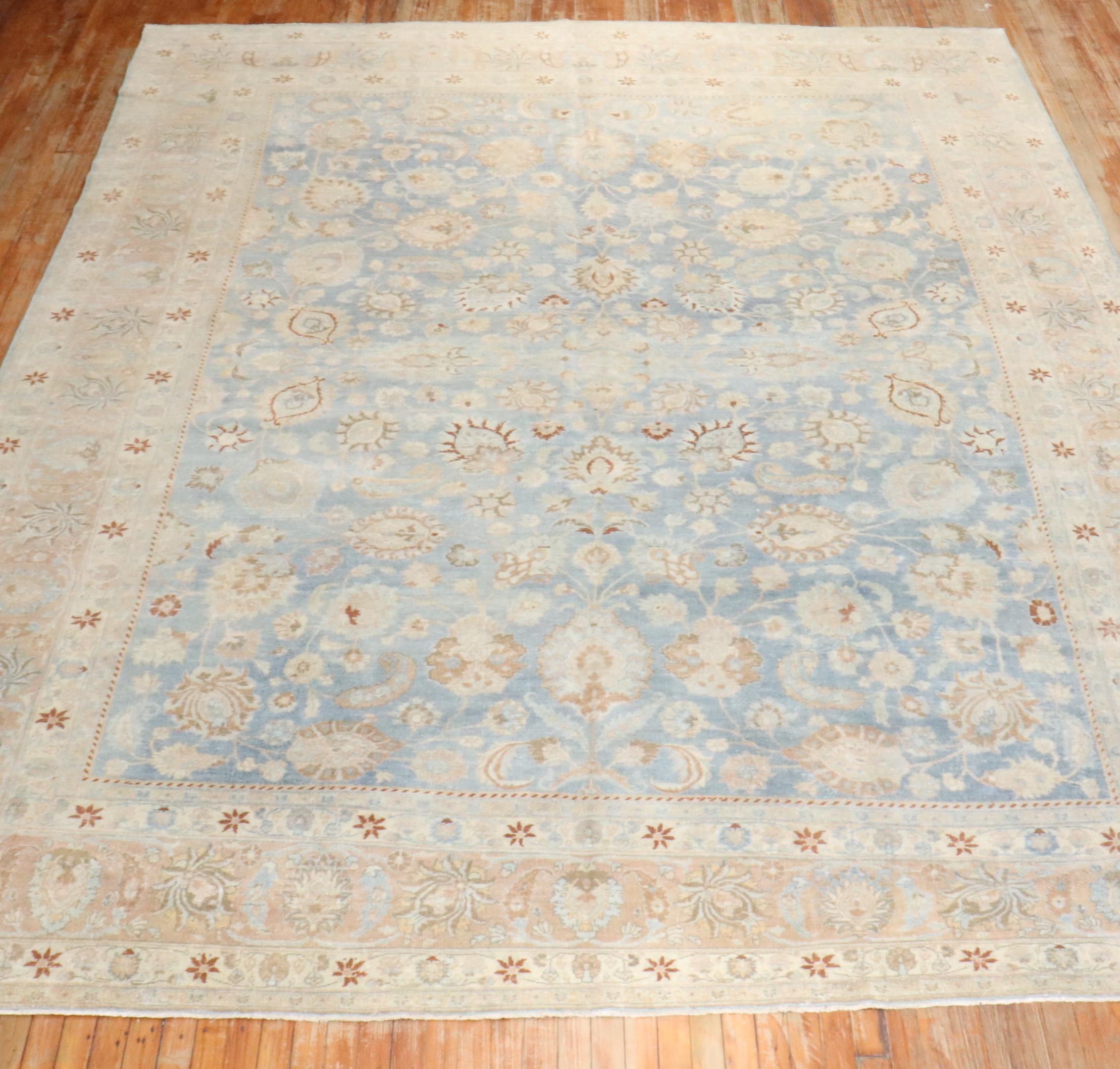 Wool Zabihi Collection Light Blue Antique Persian Meshed Rug For Sale