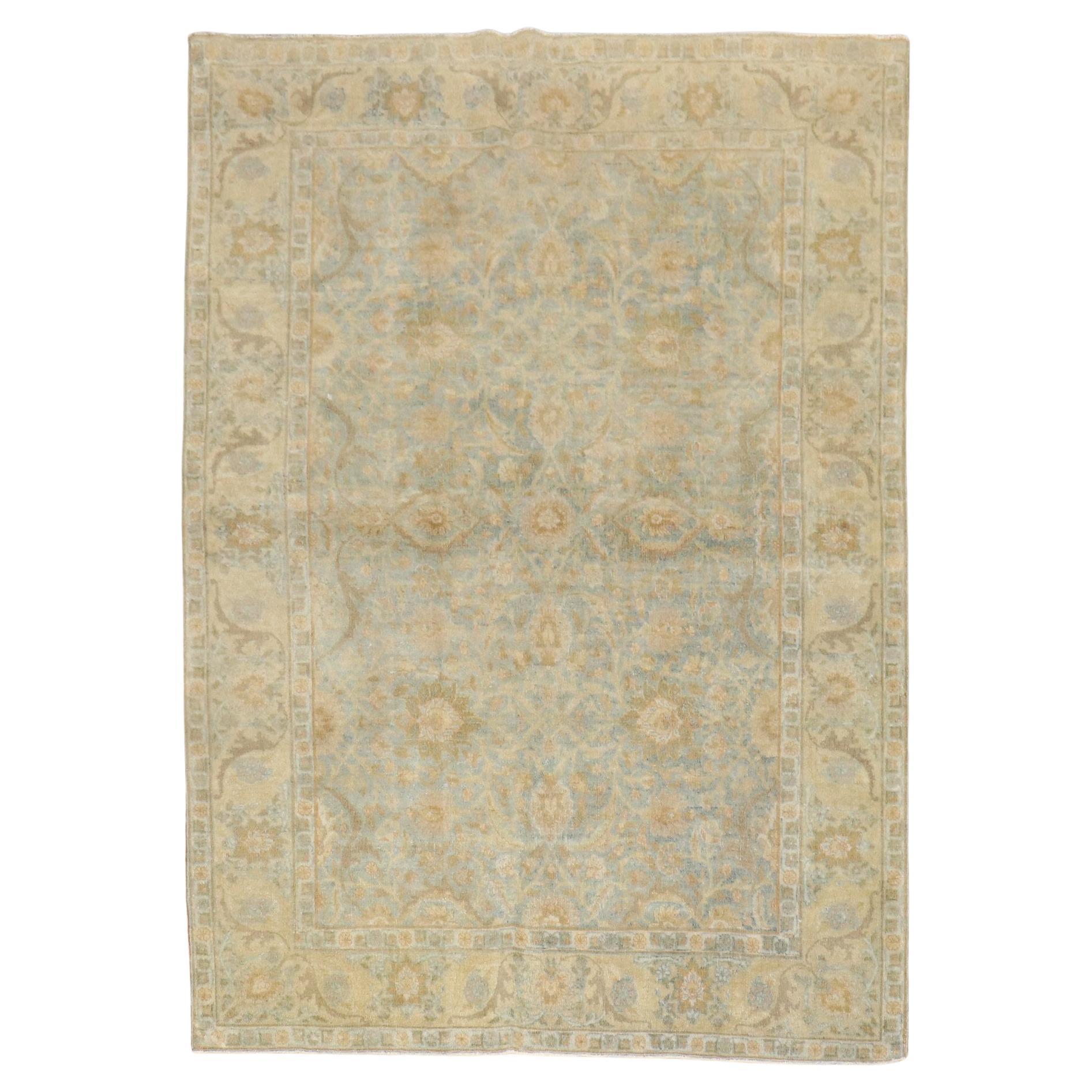 Zabihi Collection Light Blue Antique Persian Tabriz Carpet