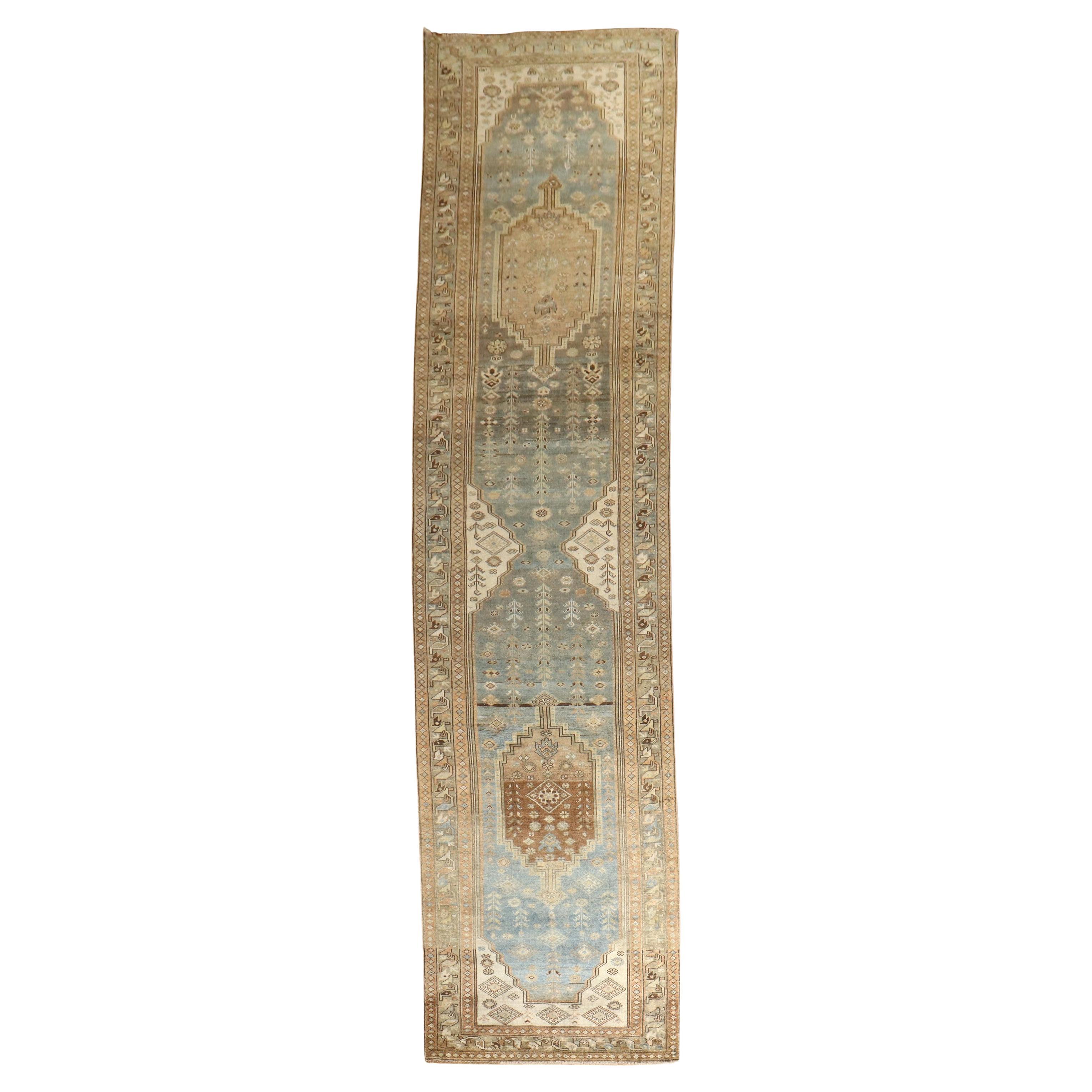 Zabihi Collection Light Blue Brown Persian Malayer Runner en venta