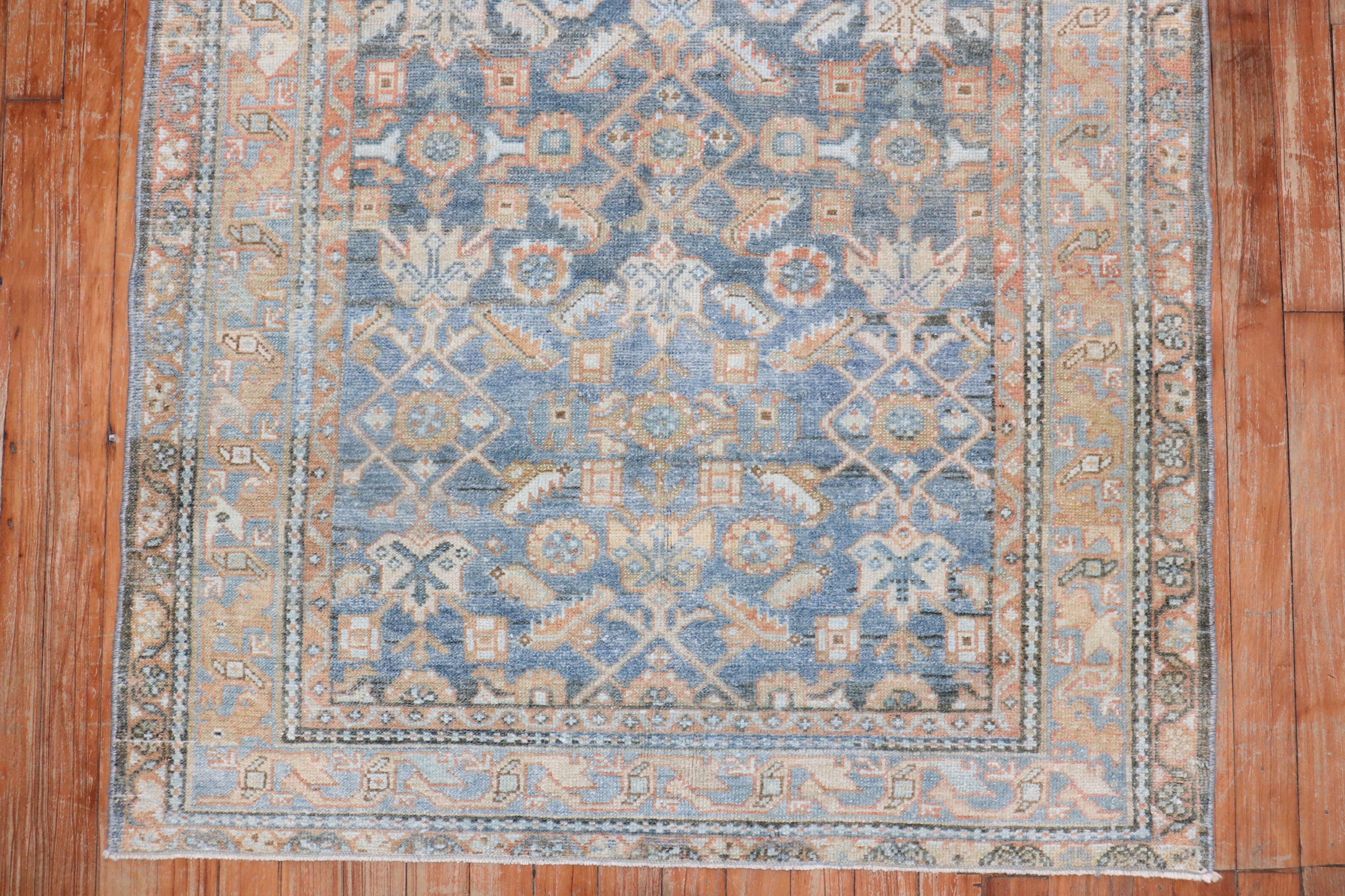 Rustic Zabihi Collection Light Blue Persian Malayer Small Runner For Sale