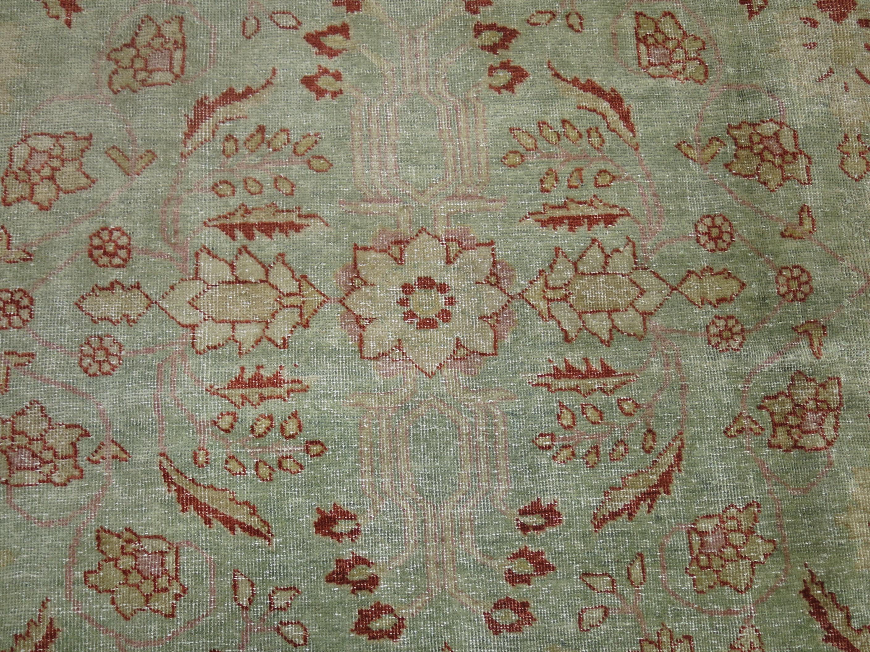 American Classical Zabihi Collection Light Green Antique Persian Tabriz Room Carpet For Sale