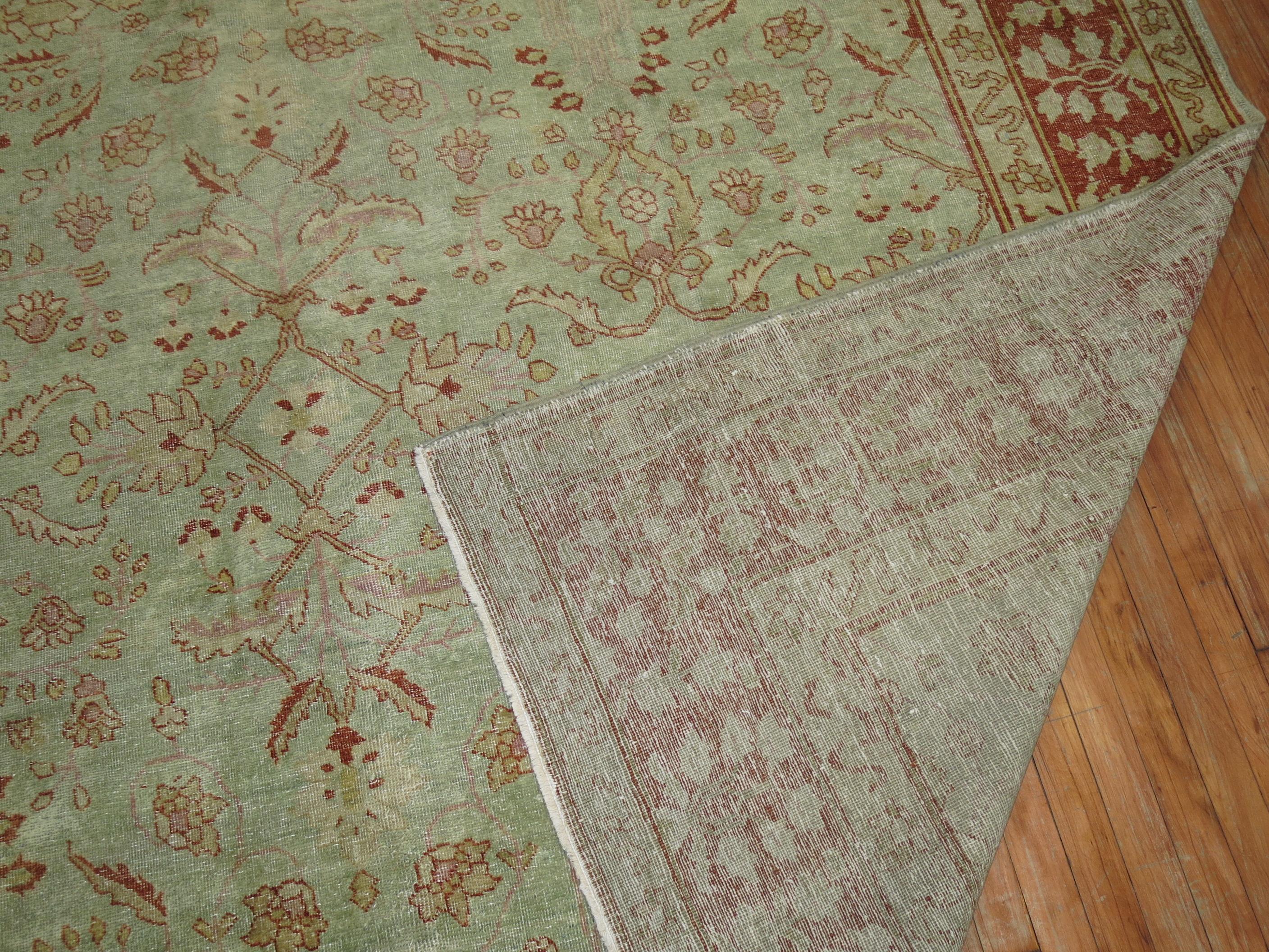 Zabihi Collection Light Green Antique Persian Tabriz Room Carpet In Good Condition For Sale In New York, NY