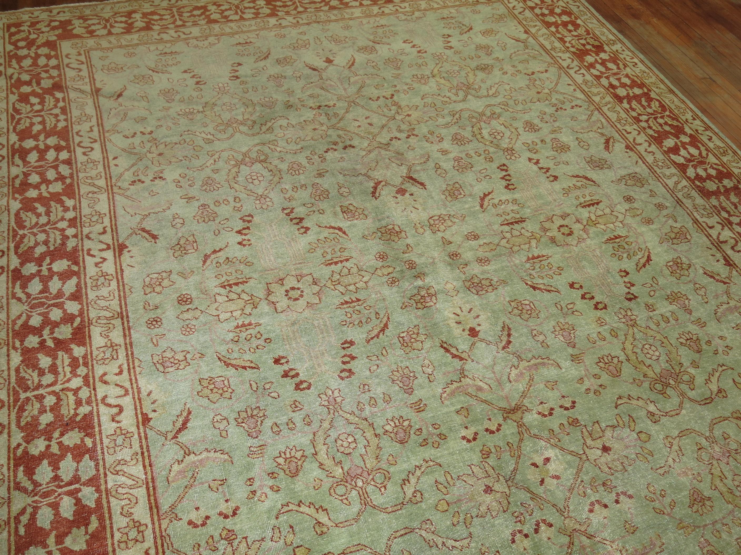Wool Zabihi Collection Light Green Antique Persian Tabriz Room Carpet For Sale