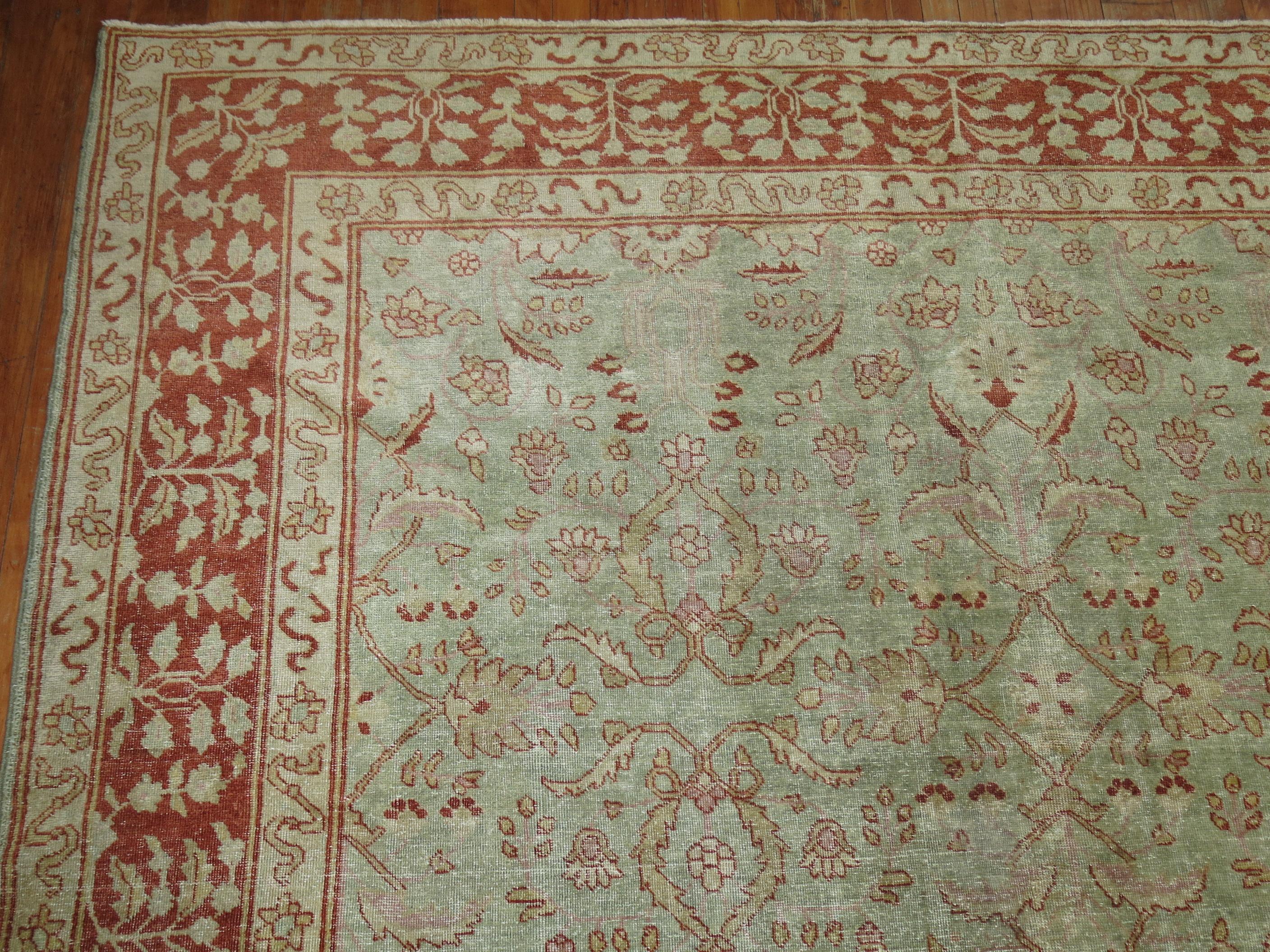 Zabihi Collection Light Green Antique Persian Tabriz Room Carpet For Sale 3