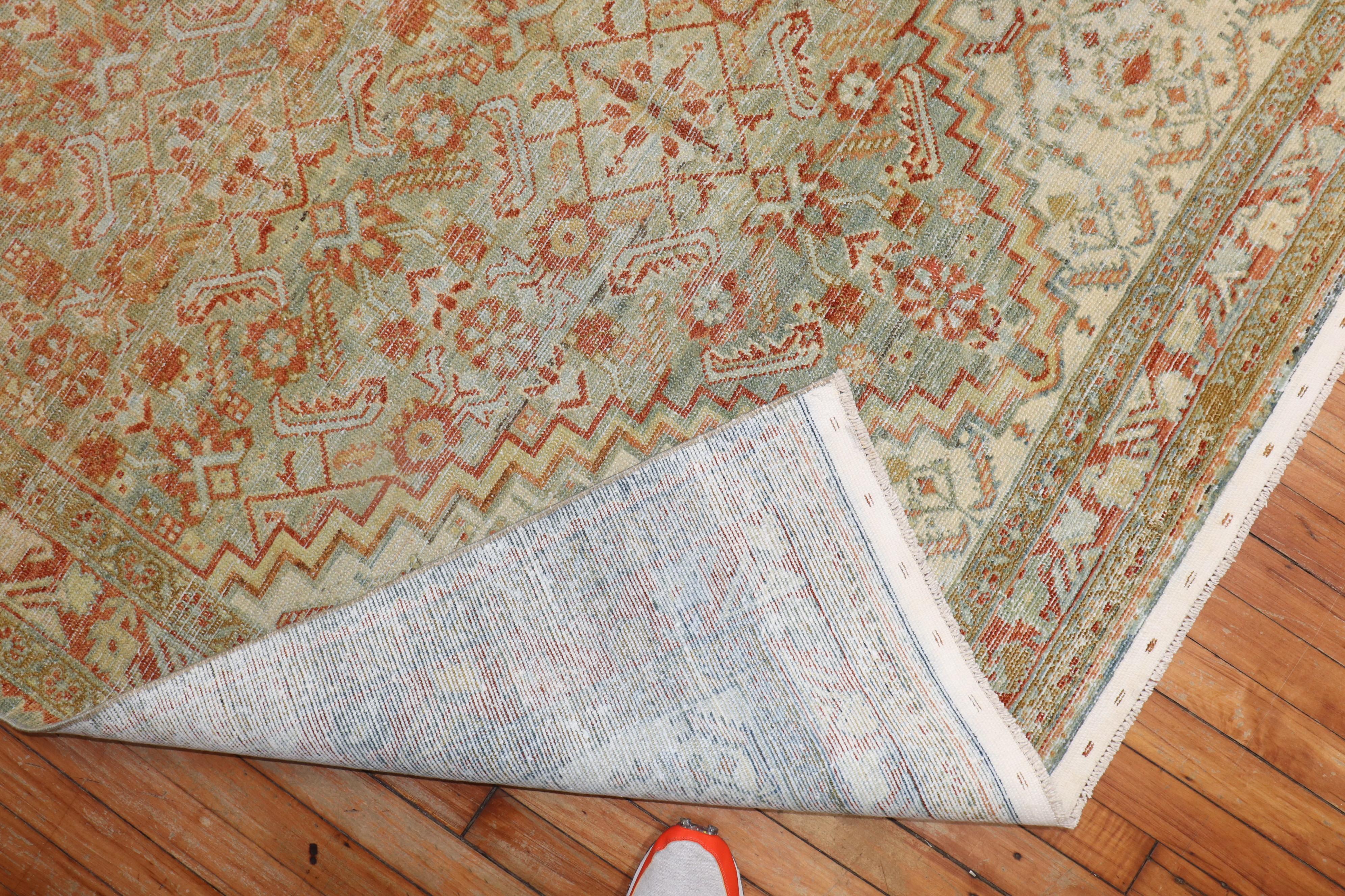 20th Century Zabihi Collection Light Green Gallery Antique Persian Malayer Rug For Sale