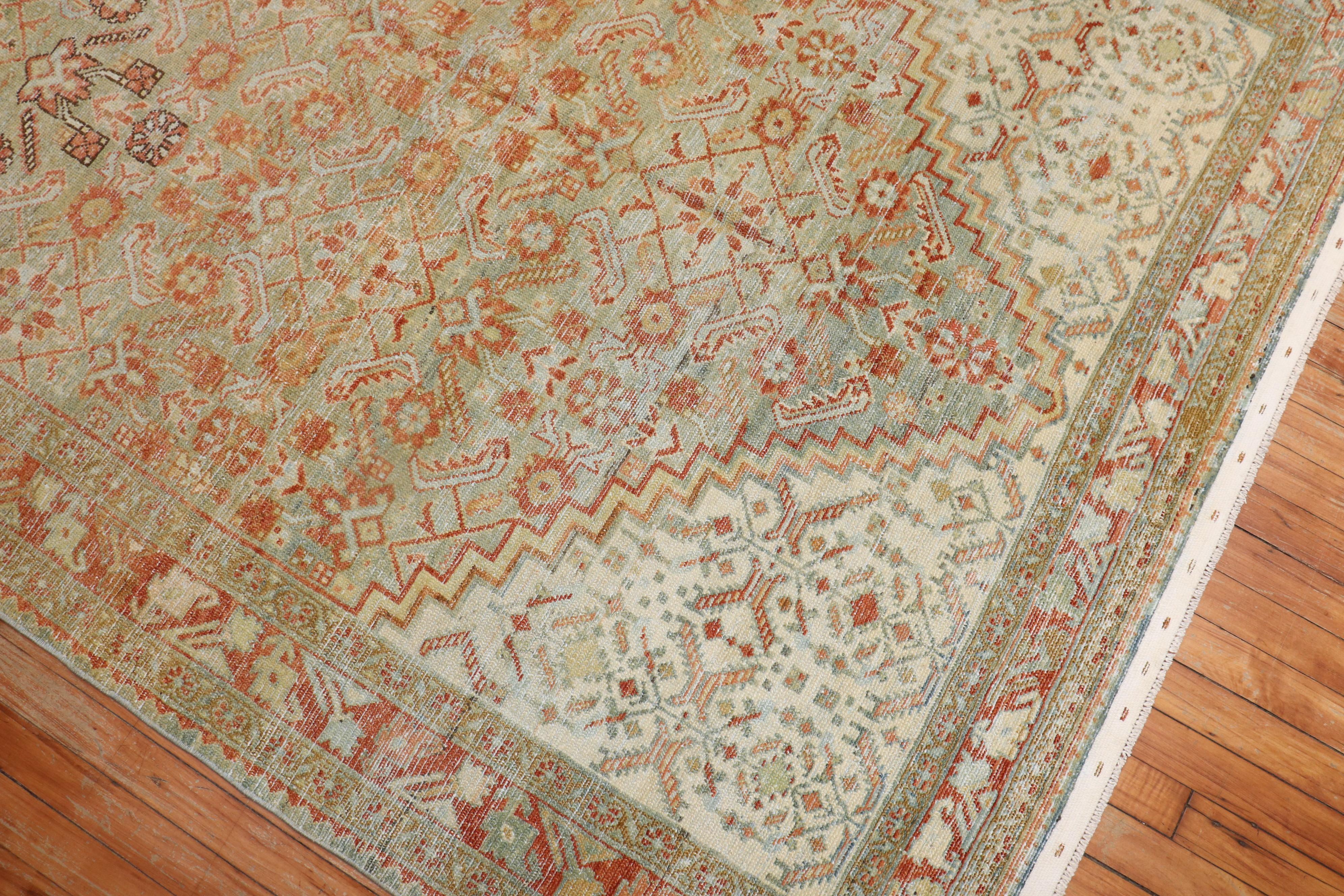 Wool Zabihi Collection Light Green Gallery Antique Persian Malayer Rug For Sale