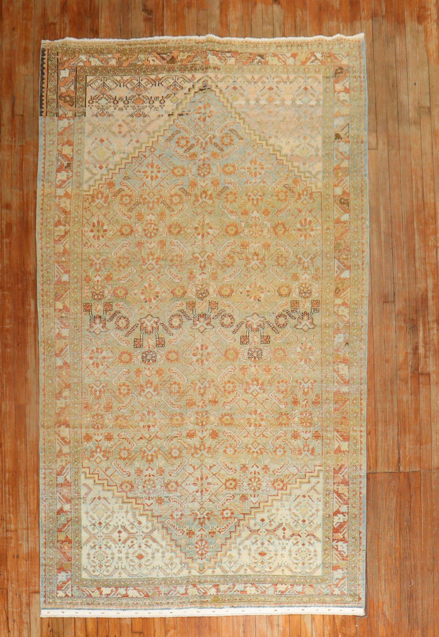 Zabihi Collection Light Green Gallery Antique Persian Malayer Rug For Sale 1