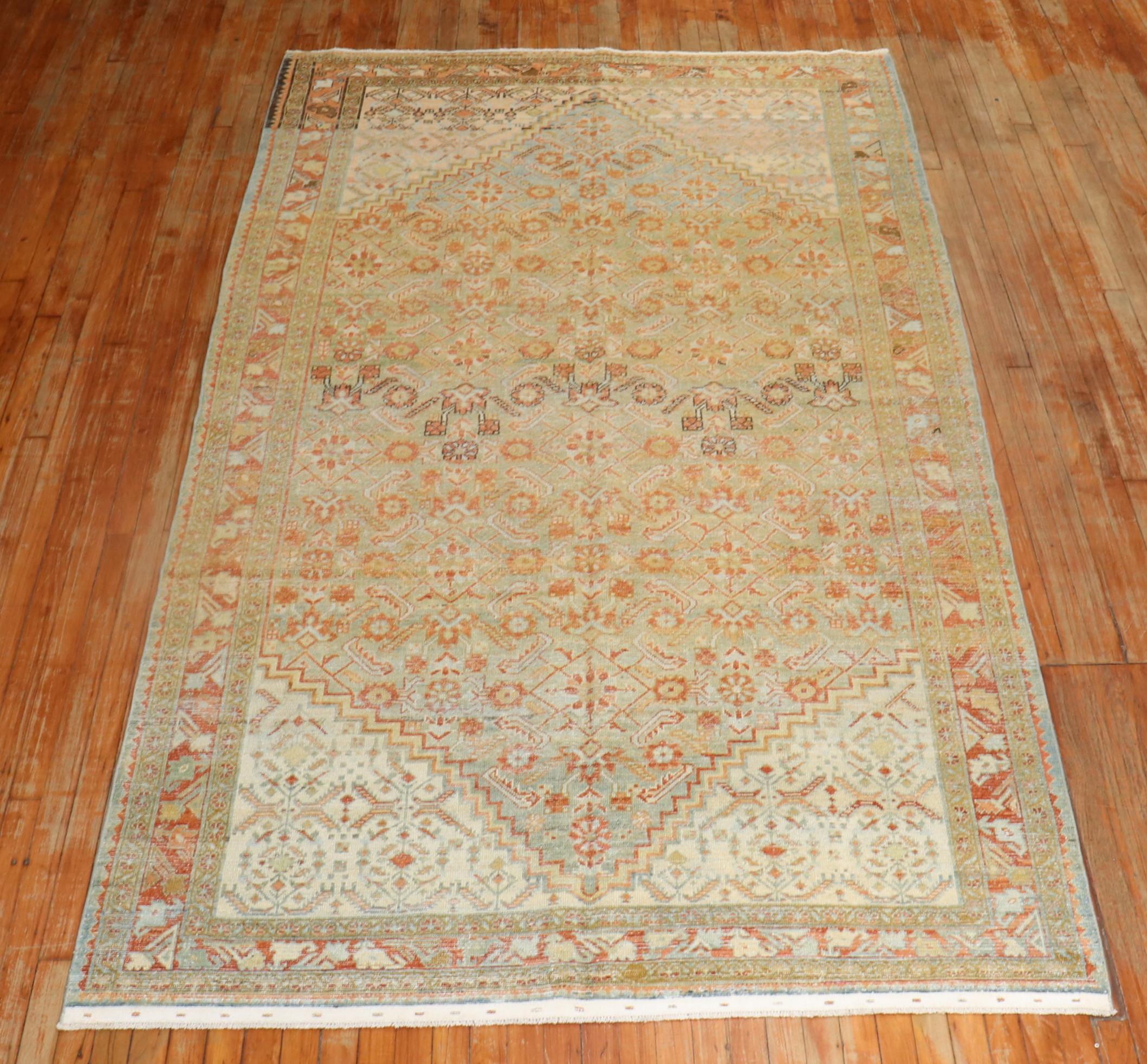 Zabihi Collection Light Green Gallery Antique Persian Malayer Rug For Sale 2