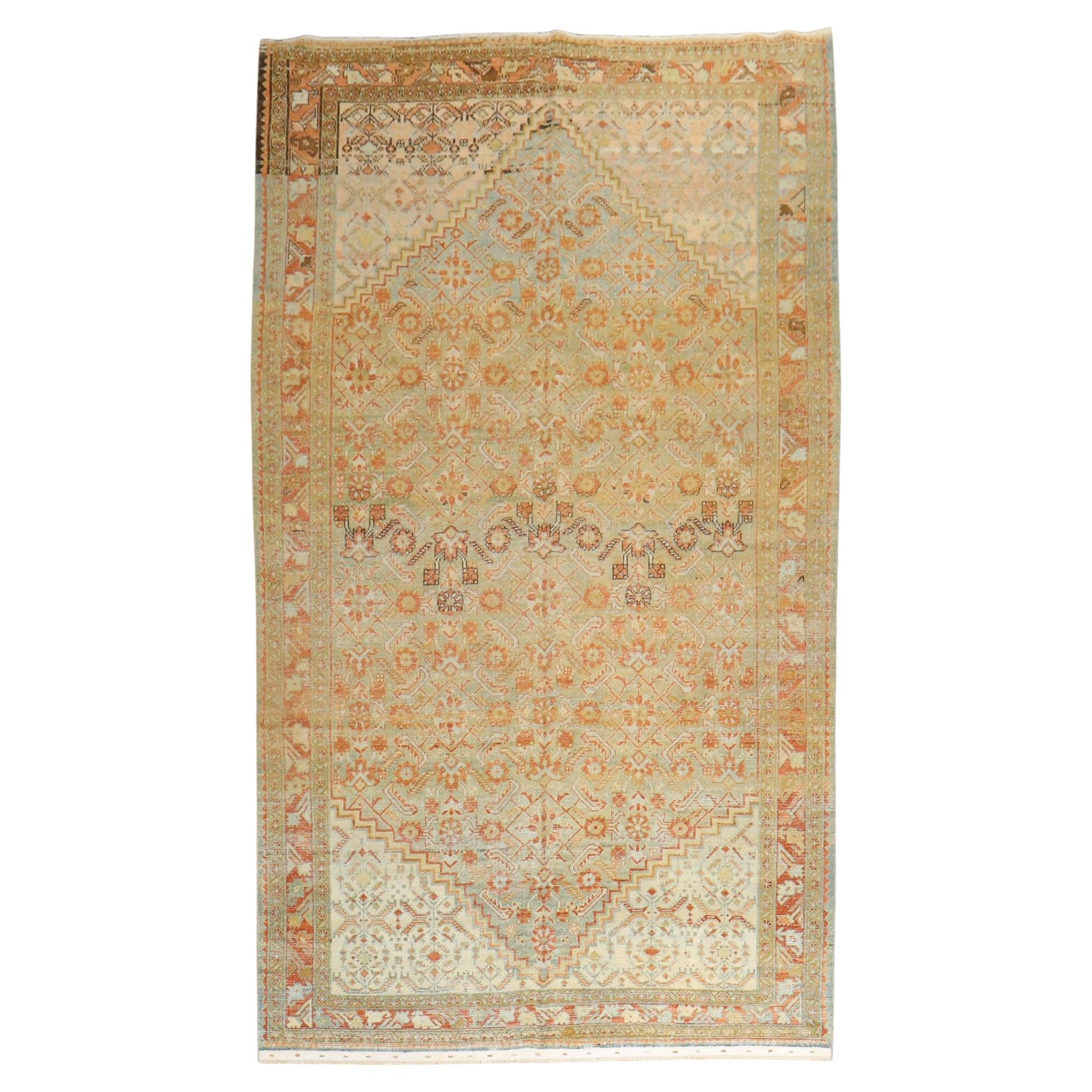 Zabihi Collection Light Green Gallery Antique Persian Malayer Rug For Sale