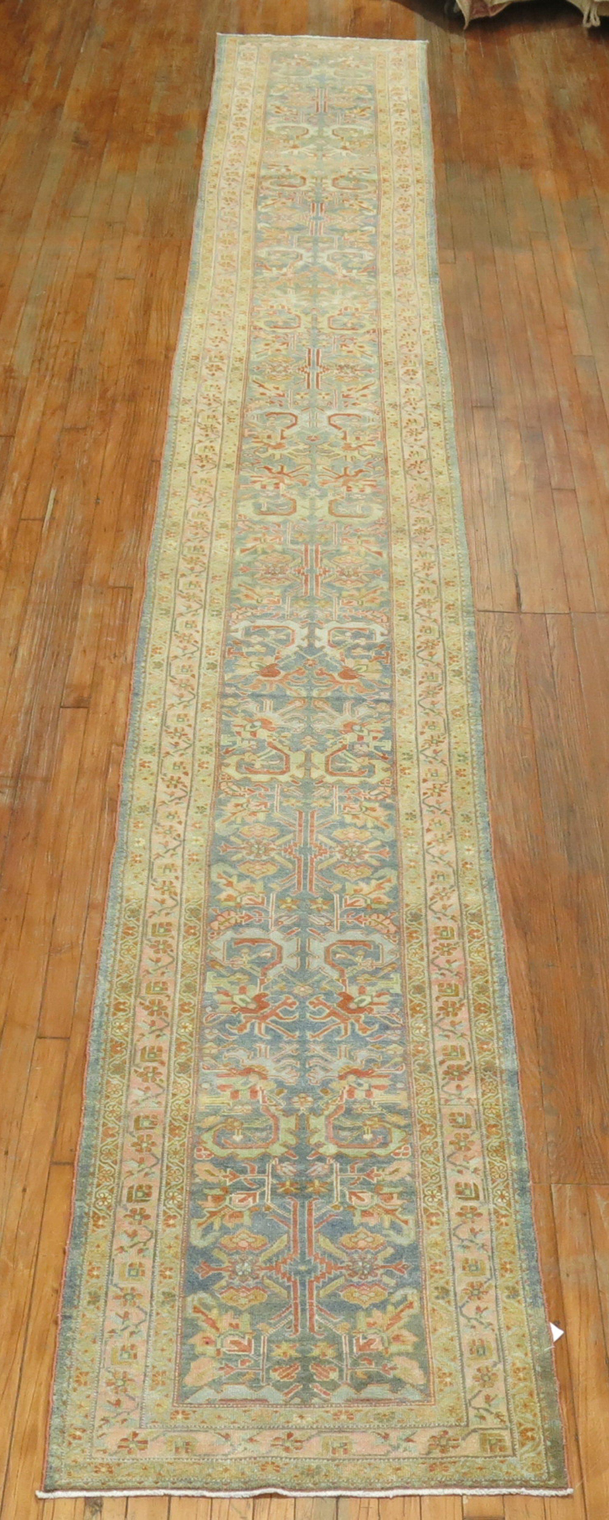 Hand-Woven Zabihi Collection Long Blue Antique Persian Malayer Runner For Sale