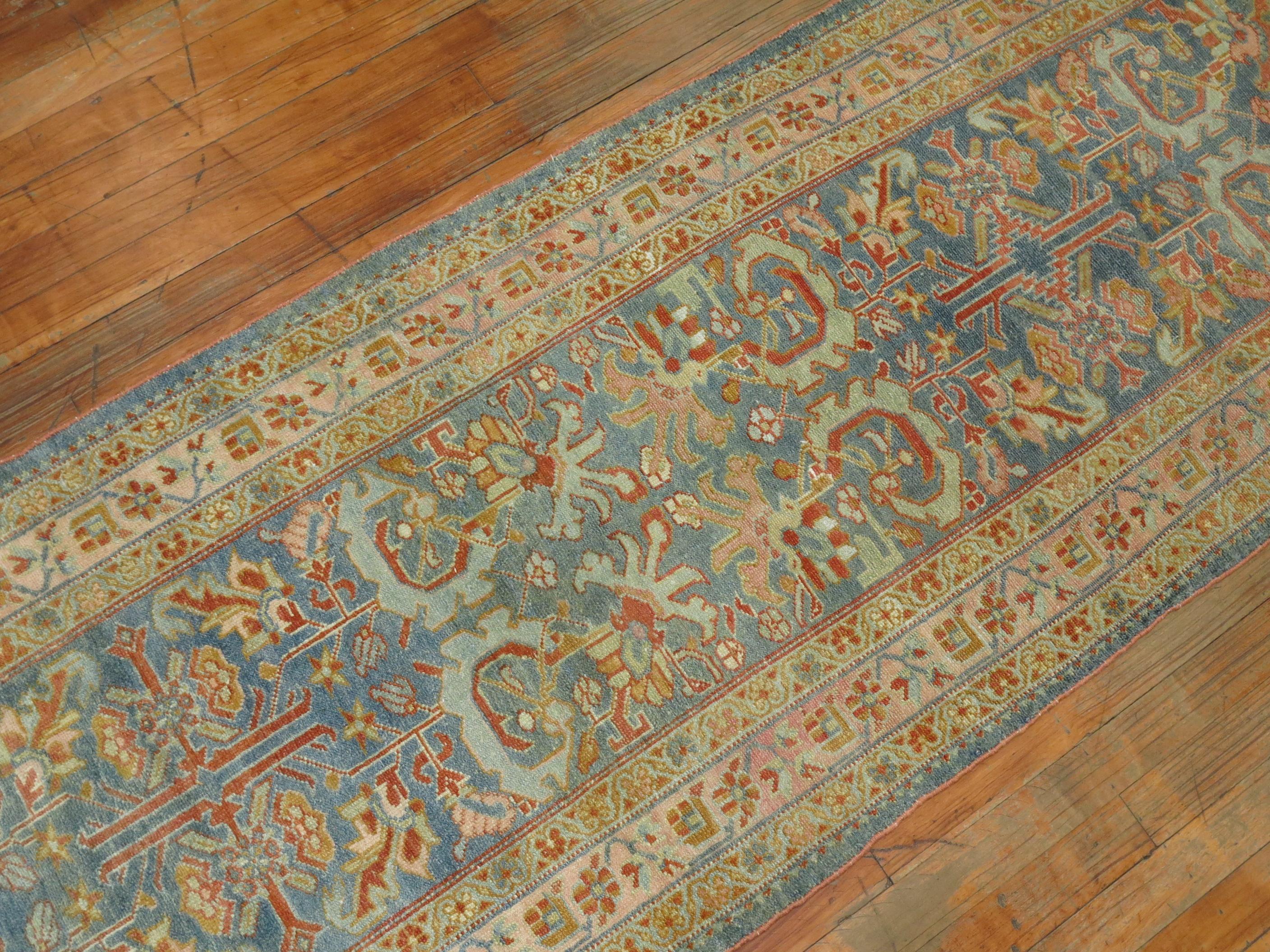 Wool Zabihi Collection Long Blue Antique Persian Malayer Runner For Sale