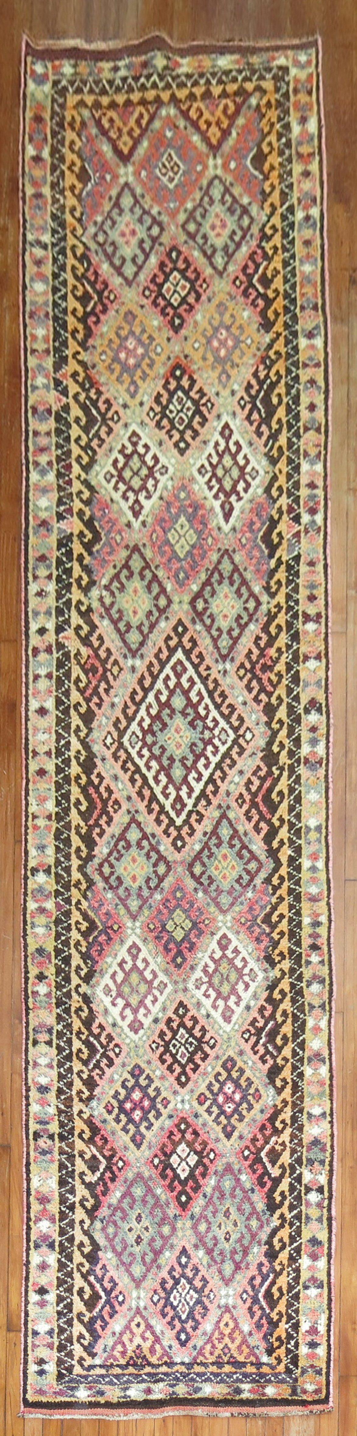 Zabihi Collection Long Geometric Turkish Runner In Good Condition For Sale In New York, NY