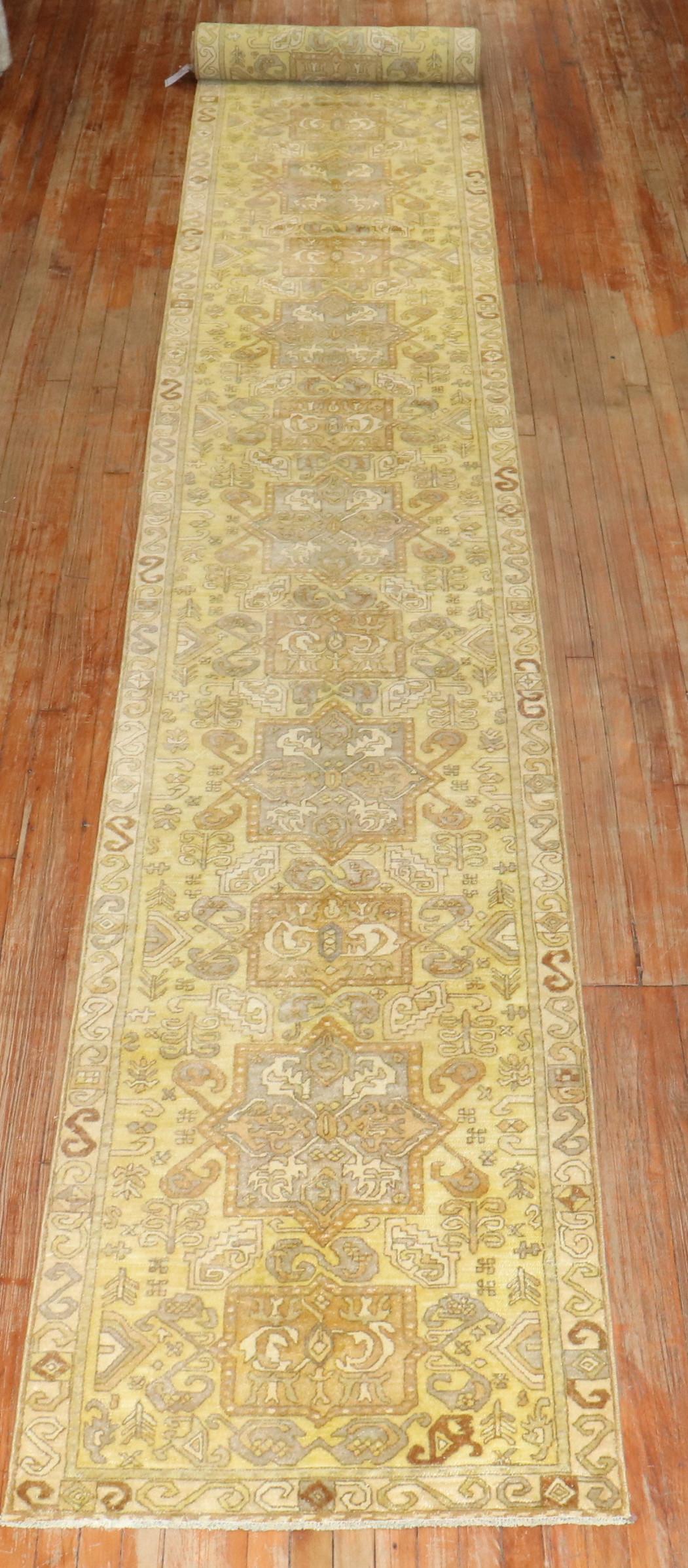 a rare early 20th Century German Hooked weave Long runner in predominantly yellow with a pattern seen in caucasian rugs

rug no.	31769
size	2' 10