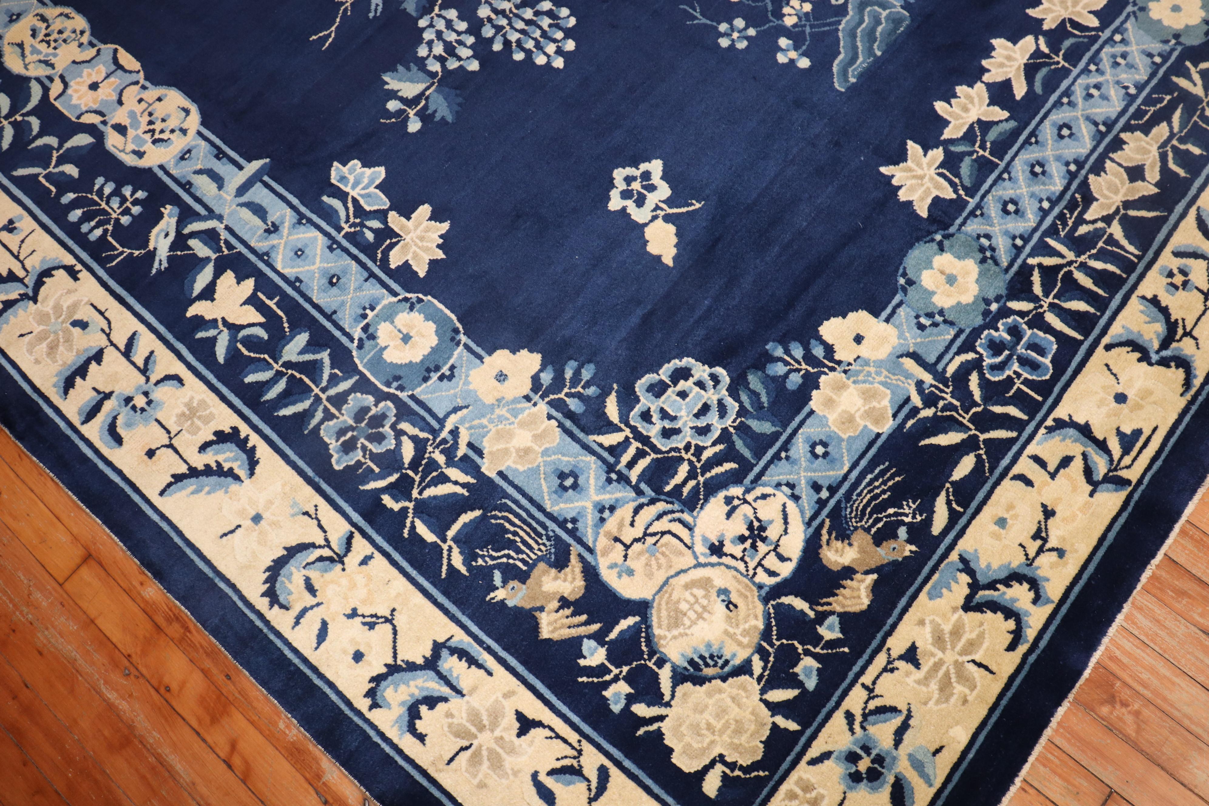 Art Deco Zabihi Collection Lovely Floral Blue Chinese Room Size Rug For Sale