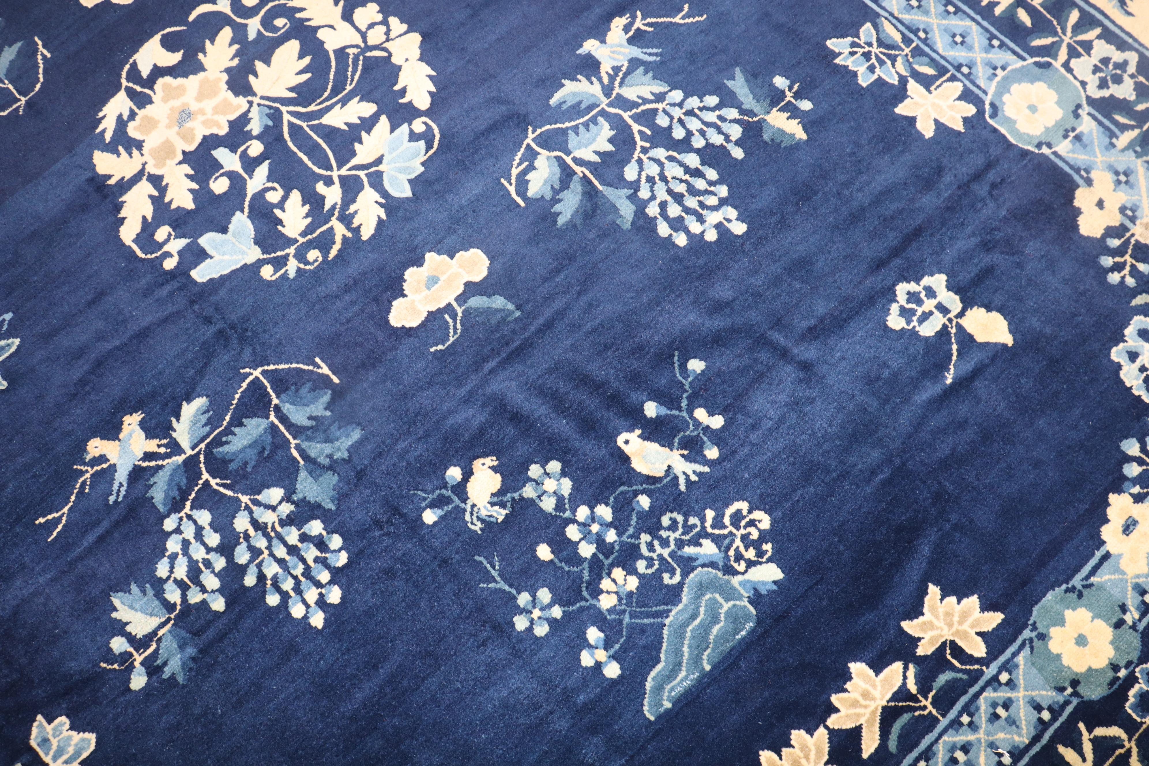 Hand-Woven Zabihi Collection Lovely Floral Blue Chinese Room Size Rug For Sale