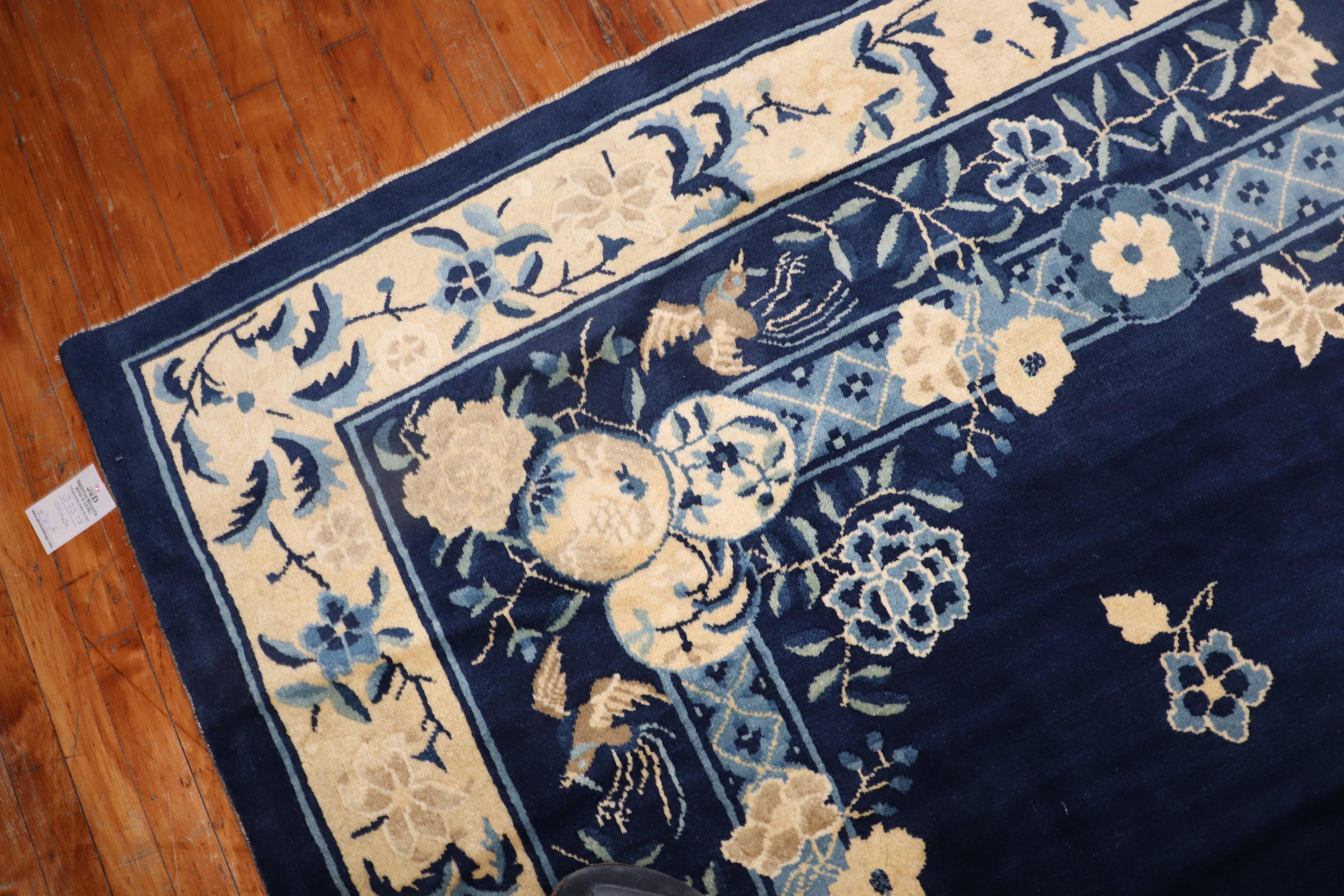 Wool Zabihi Collection Lovely Floral Blue Chinese Room Size Rug For Sale