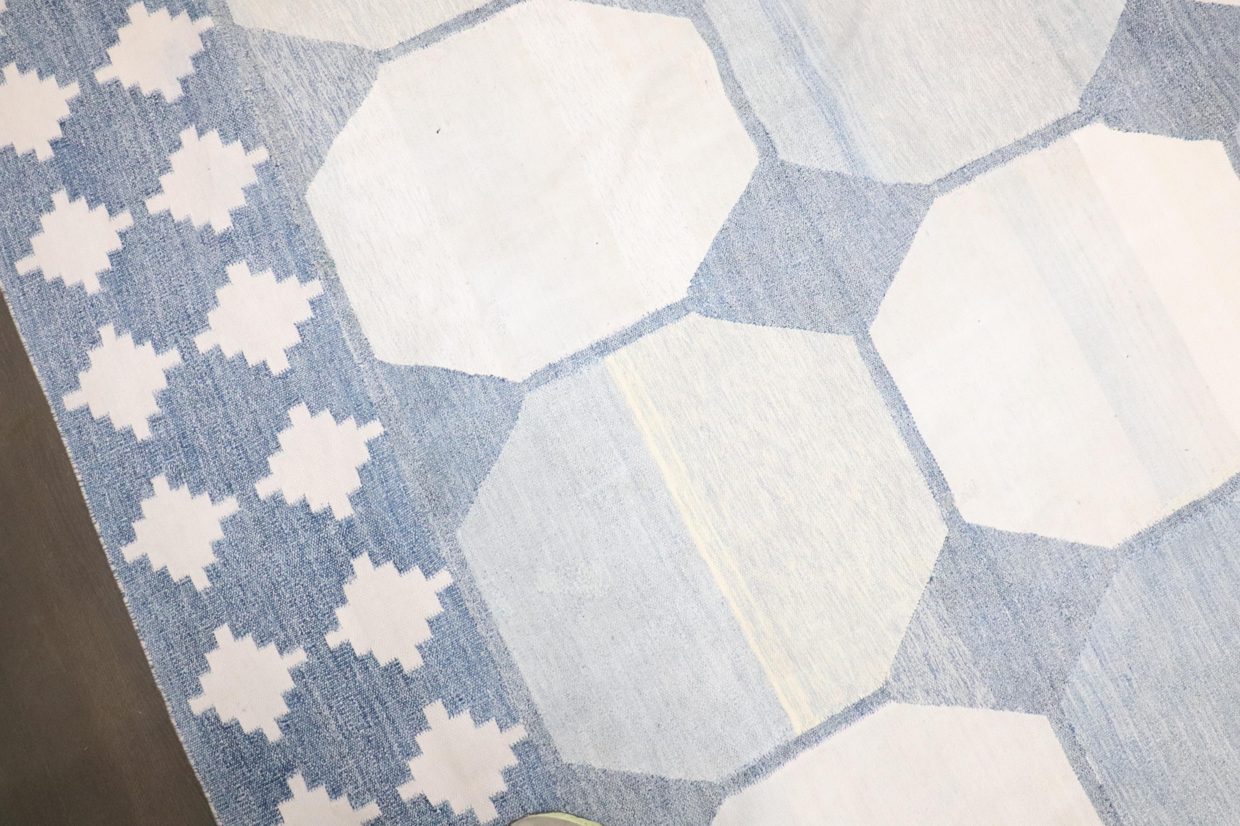 Zabihi Collection Massive White Blue Indian Dhurrie Rug For Sale 4