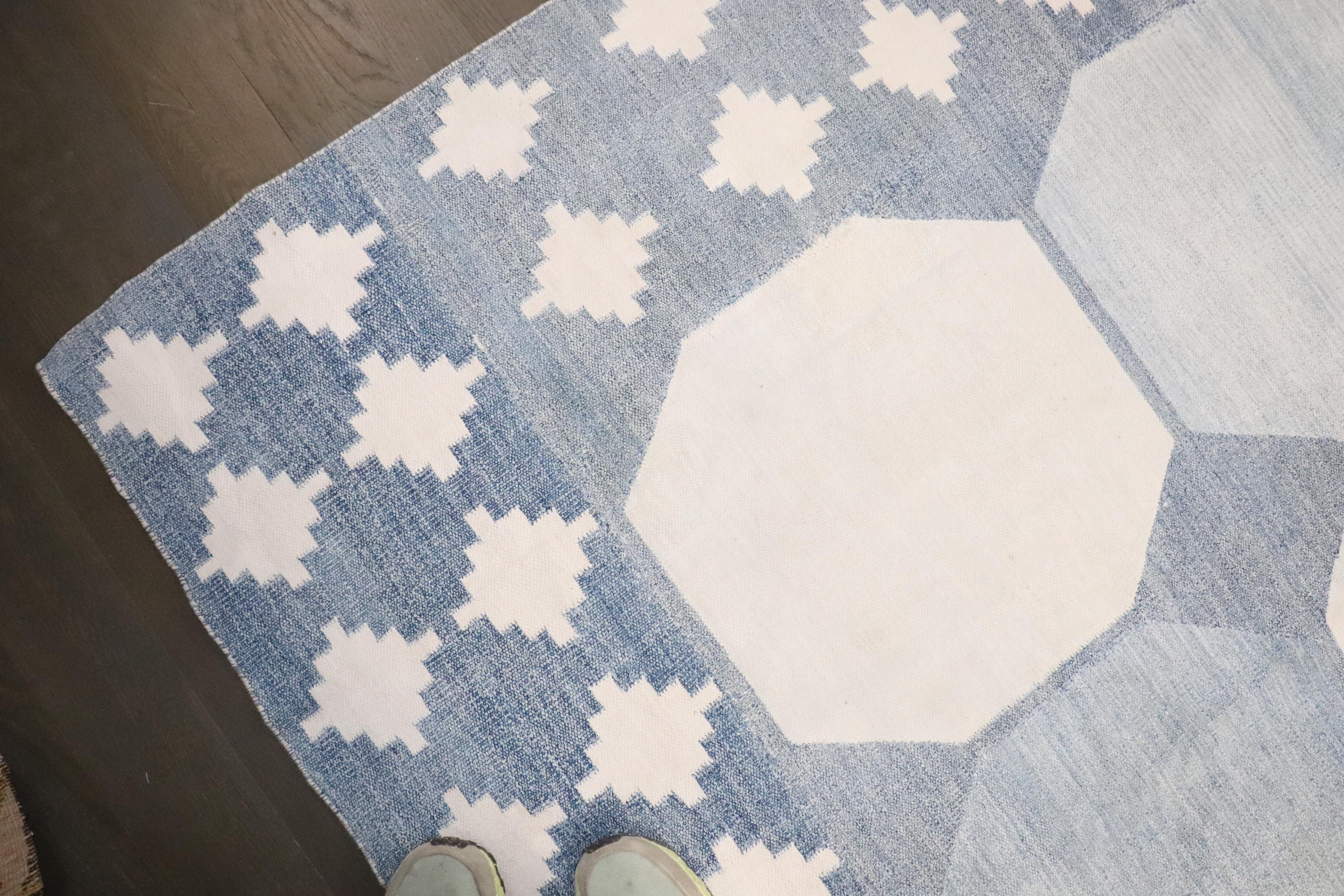 Zabihi Collection Massive White Blue Indian Dhurrie Rug For Sale 5