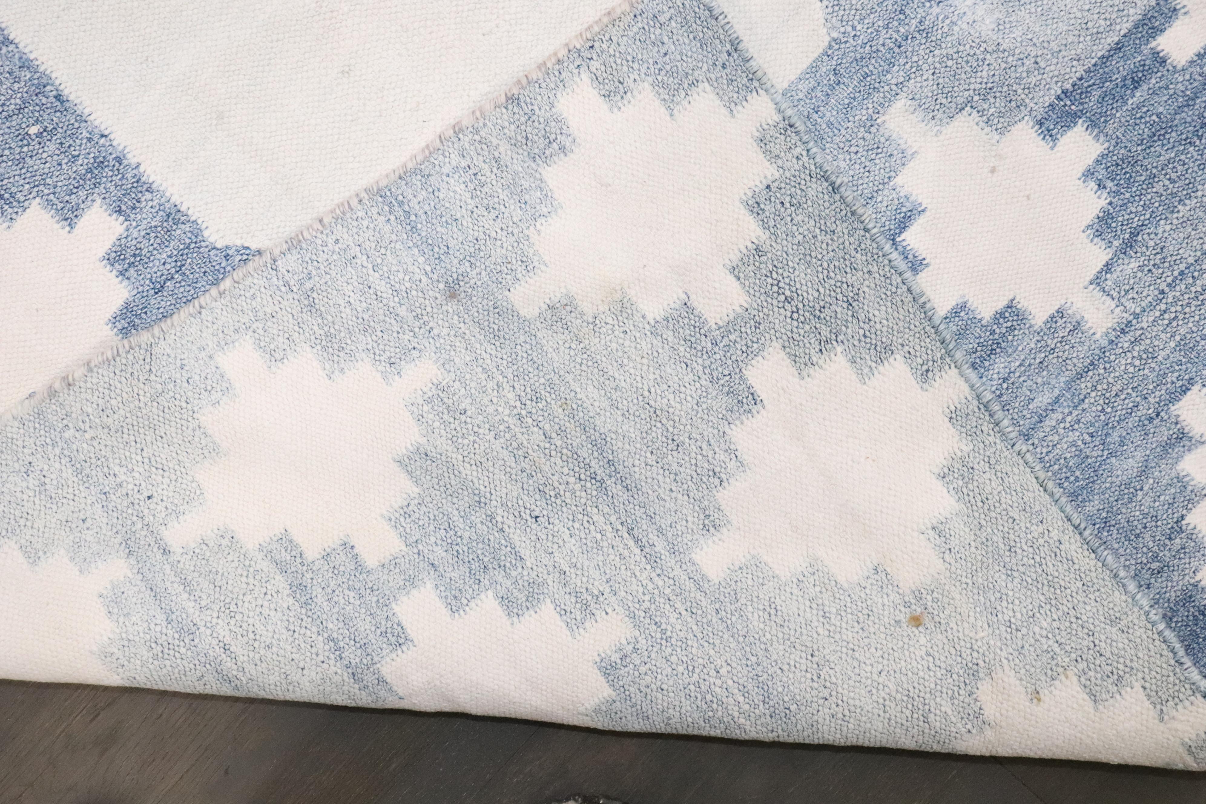 Zabihi Collection Massive White Blue Indian Dhurrie Rug For Sale 7