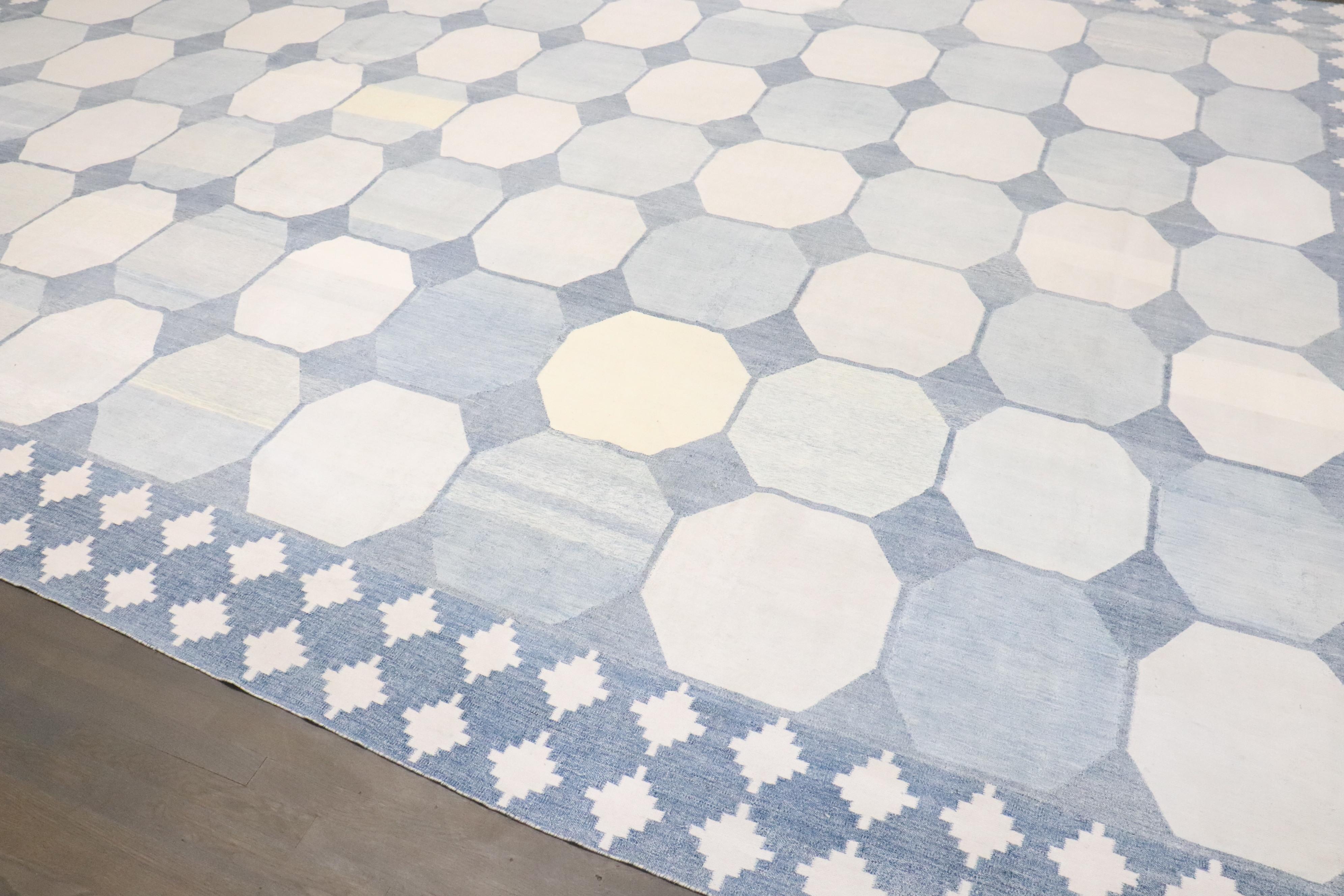 Zabihi Collection Massive White Blue Indian Dhurrie Rug For Sale 9