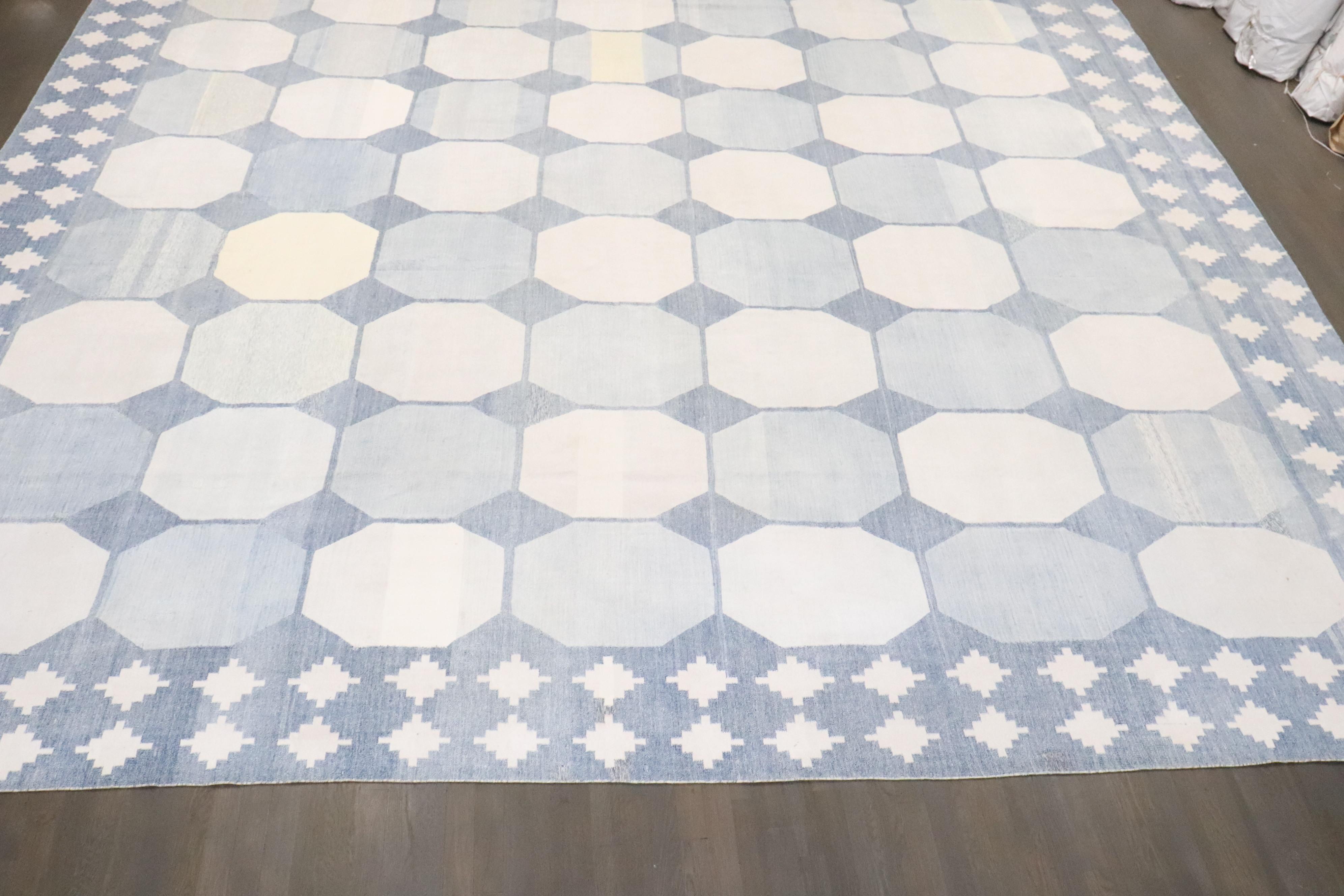Zabihi Collection Massive White Blue Indian Dhurrie Rug For Sale 10