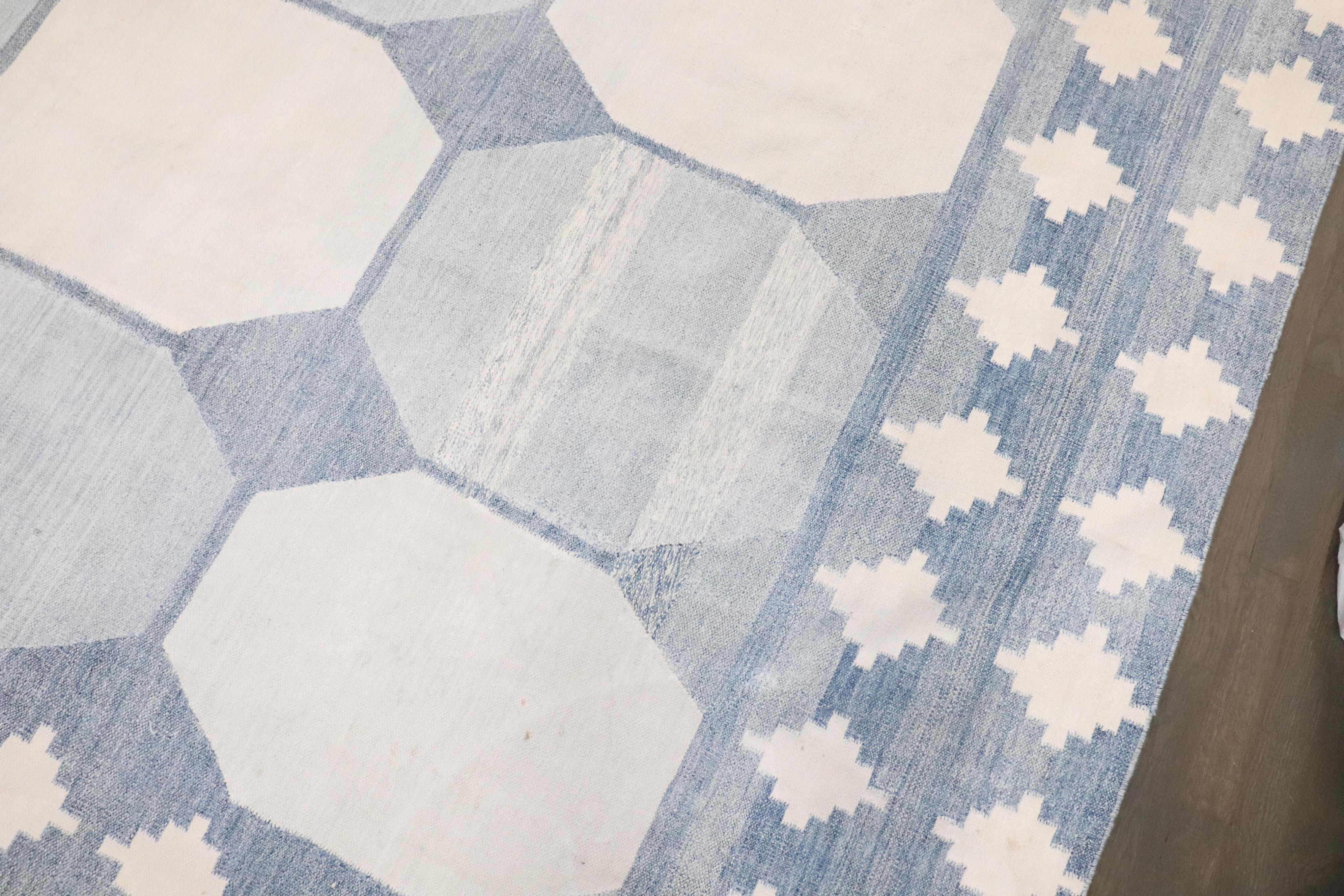 20th Century Zabihi Collection Massive White Blue Indian Dhurrie Rug For Sale
