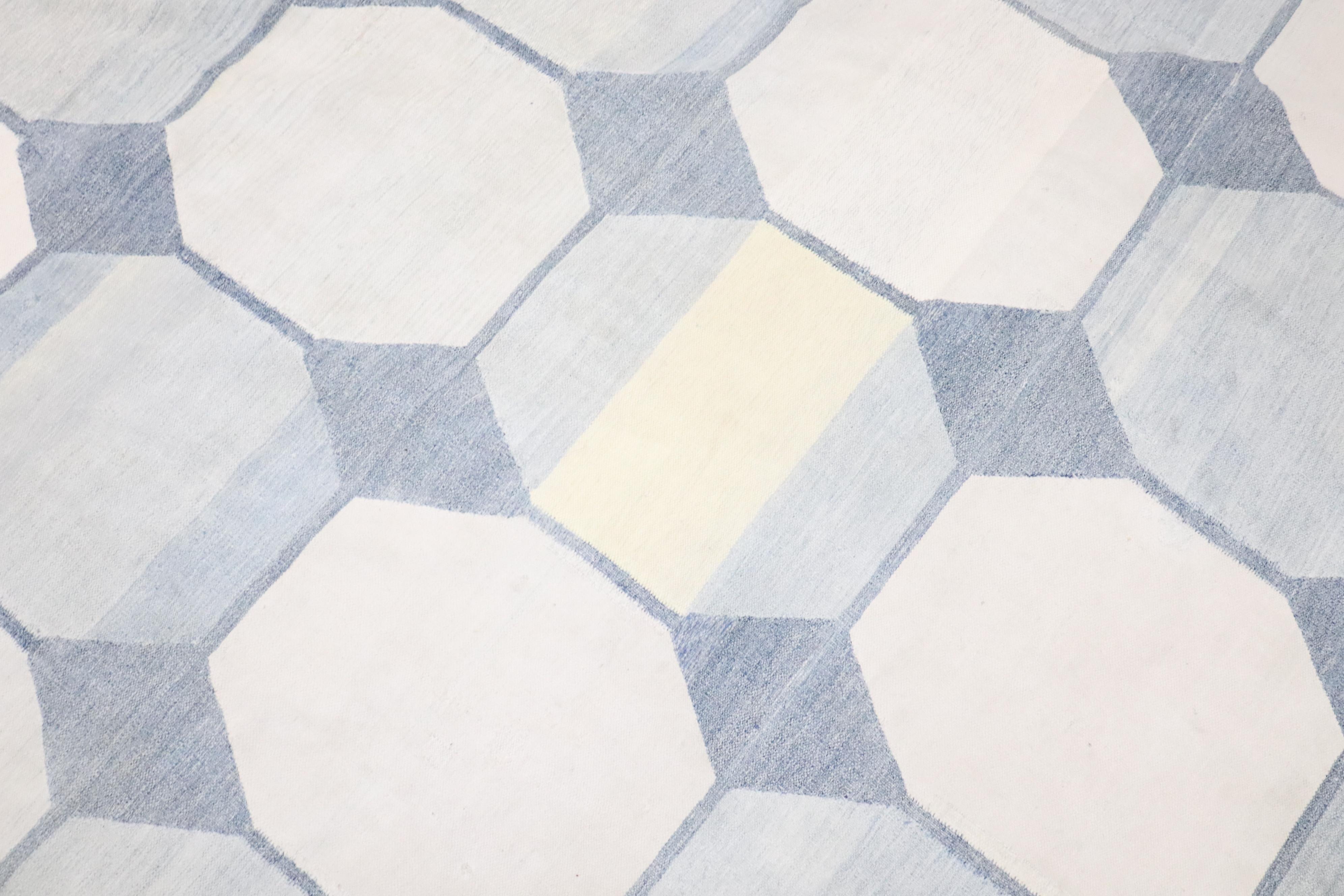 Wool Zabihi Collection Massive White Blue Indian Dhurrie Rug For Sale
