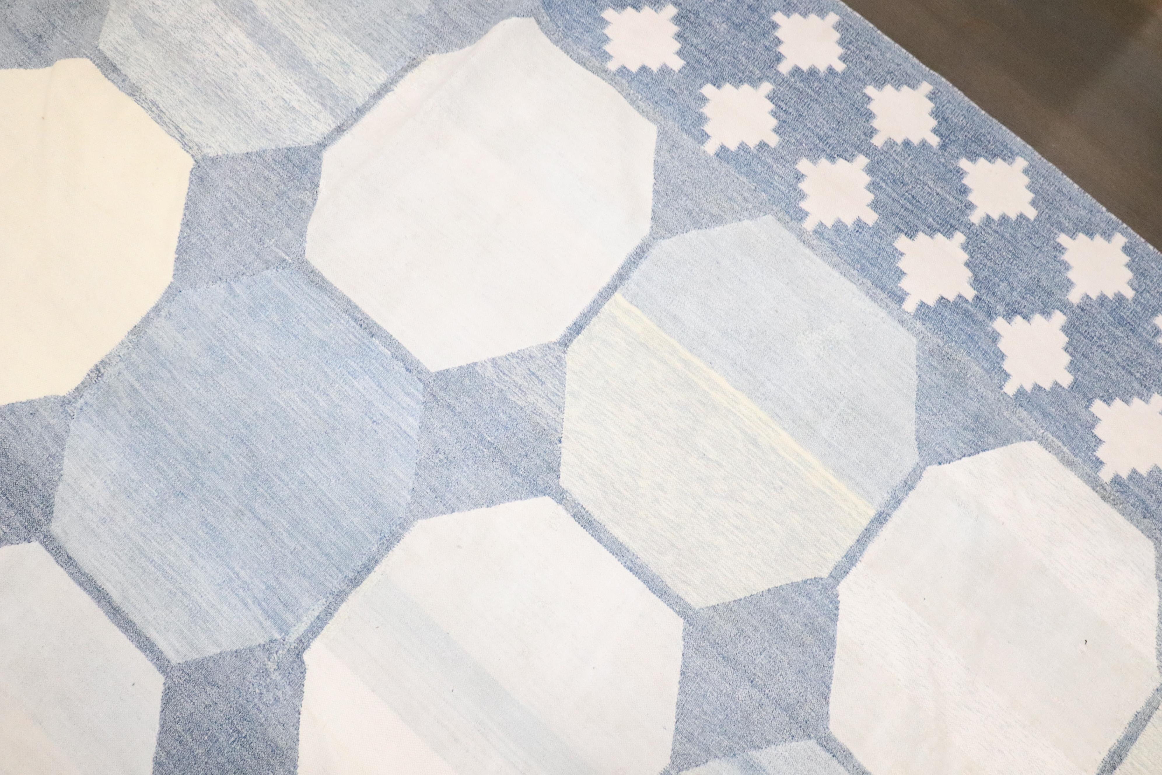 Zabihi Collection Massive White Blue Indian Dhurrie Rug For Sale 1