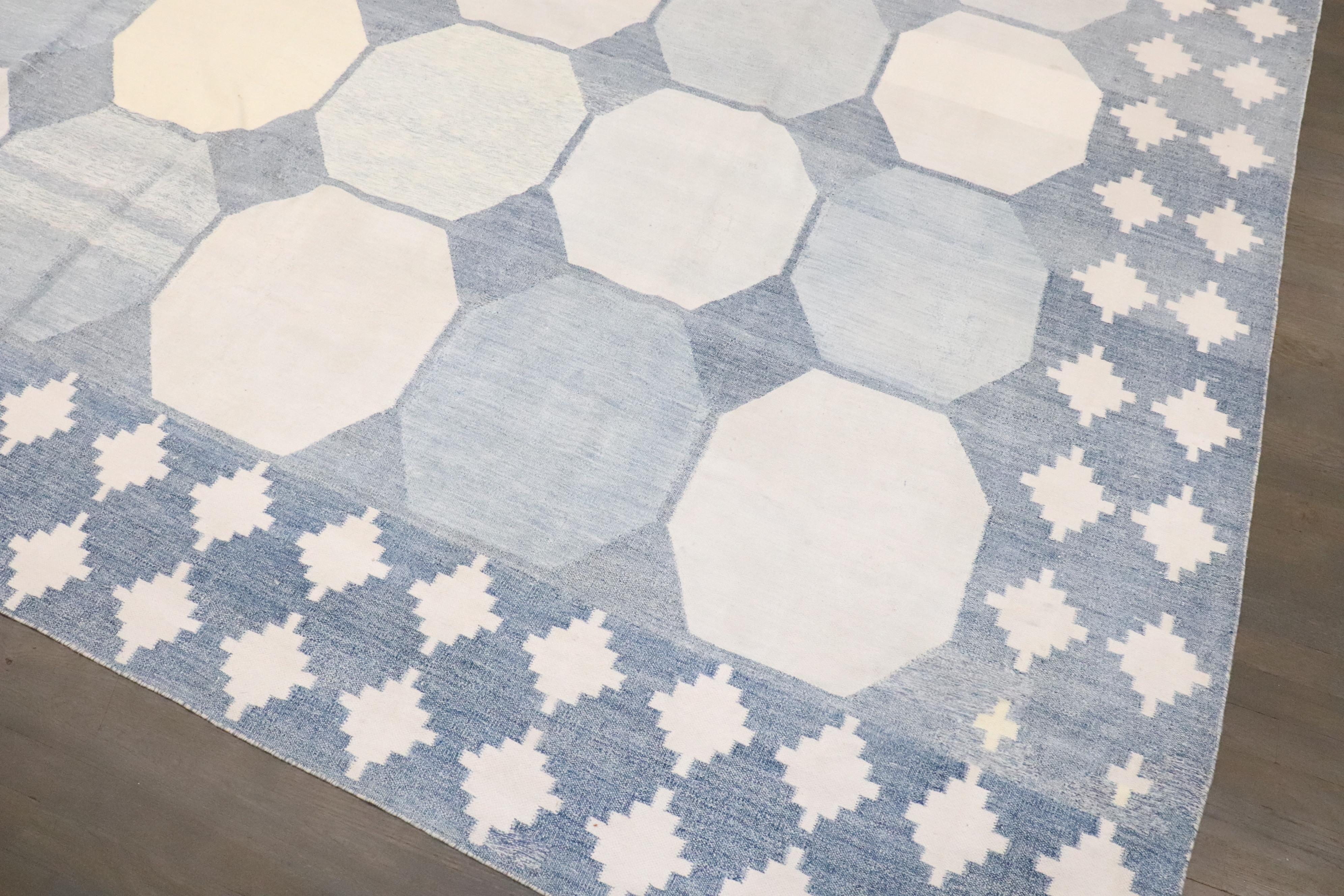 Zabihi Collection Massive White Blue Indian Dhurrie Rug For Sale 2