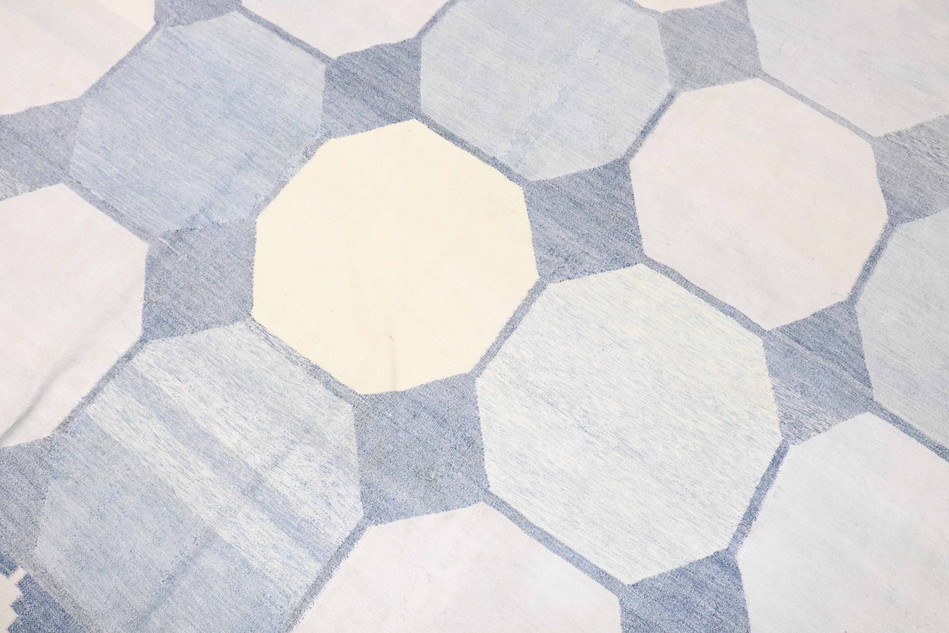 Zabihi Collection Massive White Blue Indian Dhurrie Rug For Sale 3