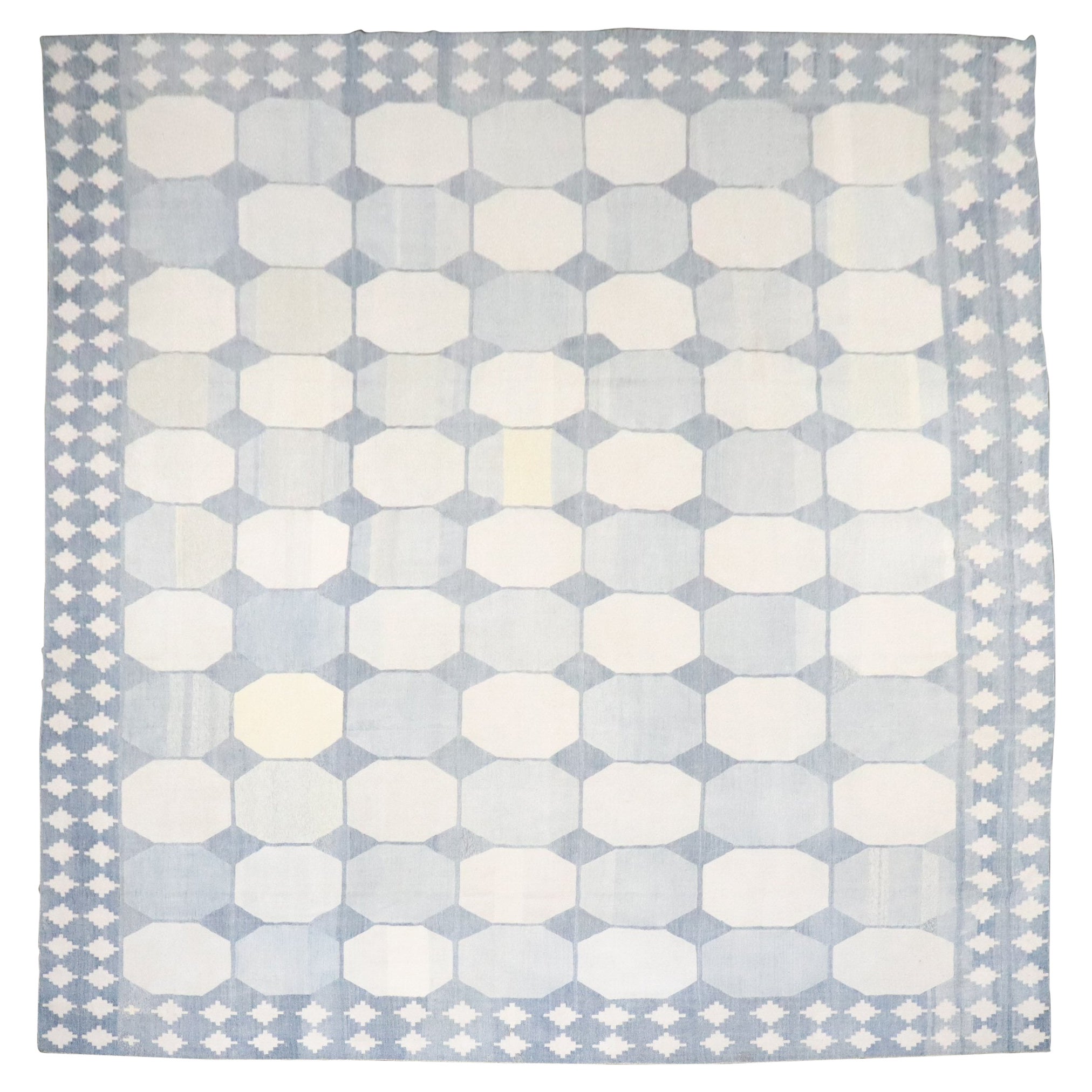 Zabihi Collection Massive White Blue Indian Dhurrie Rug For Sale