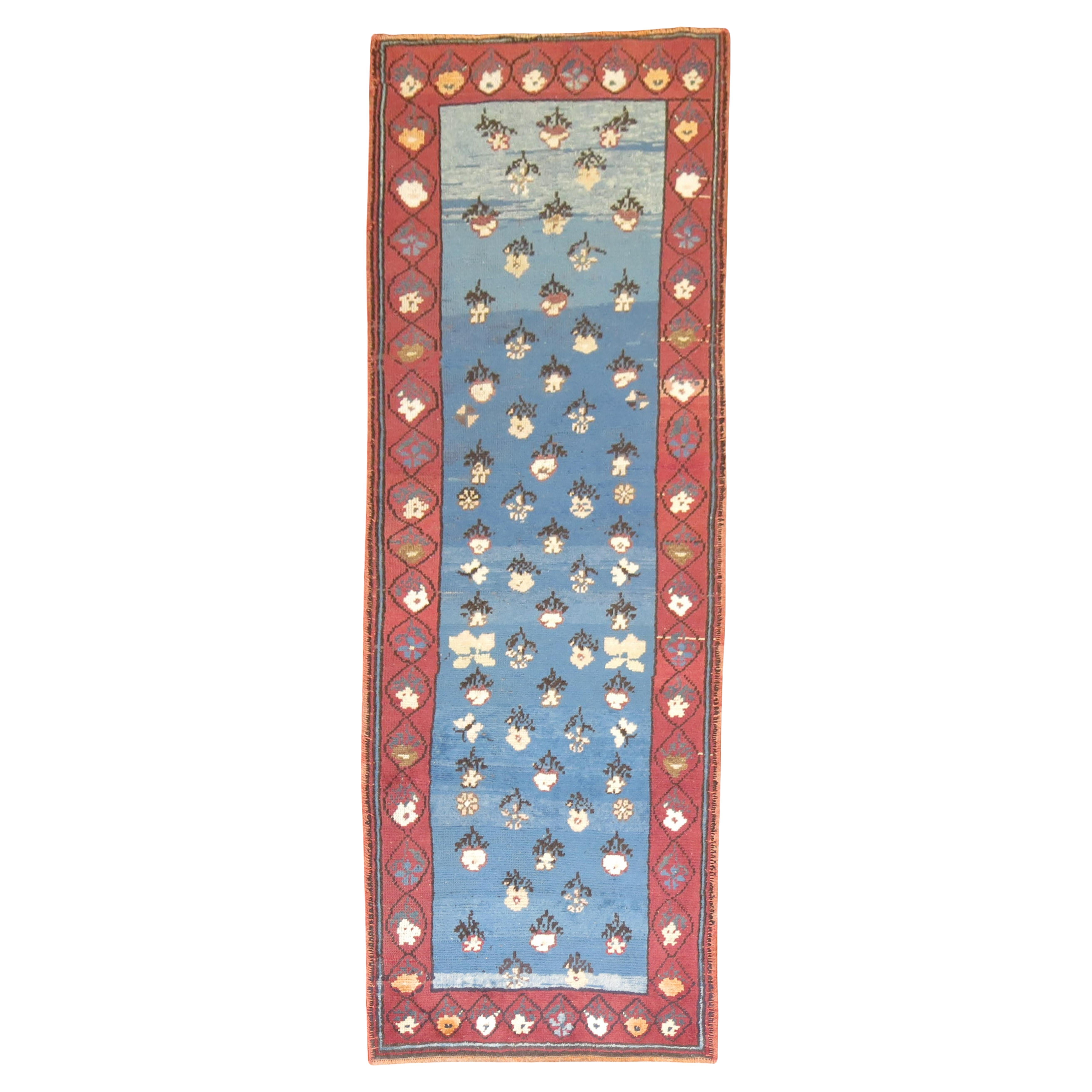 Zabihi Collection Mid 20th century Turkish Blue Floral Runner For Sale
