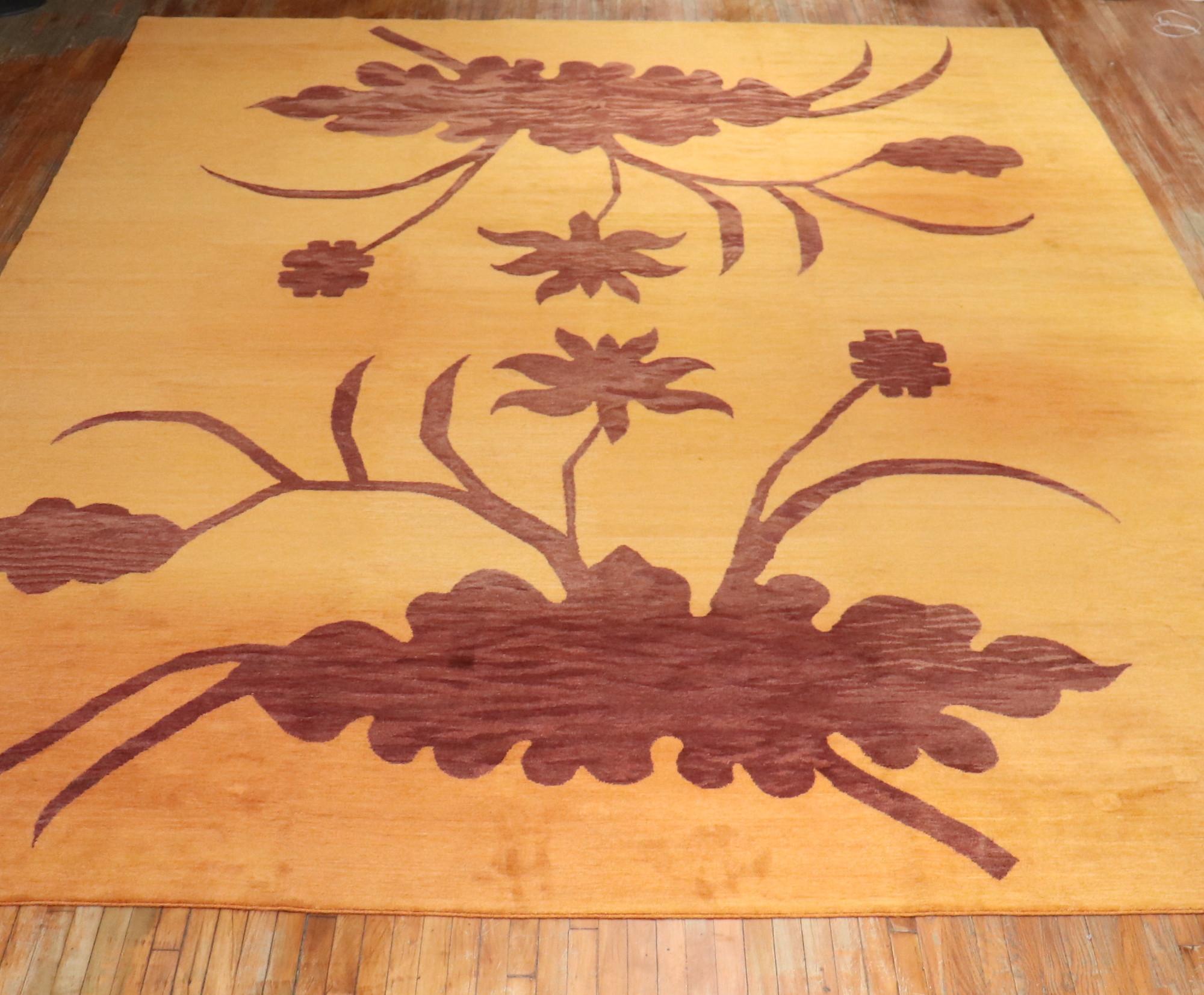 Zabihi Collection Modern Floral Orange Brown Oversize Tibetan Rug For Sale 6