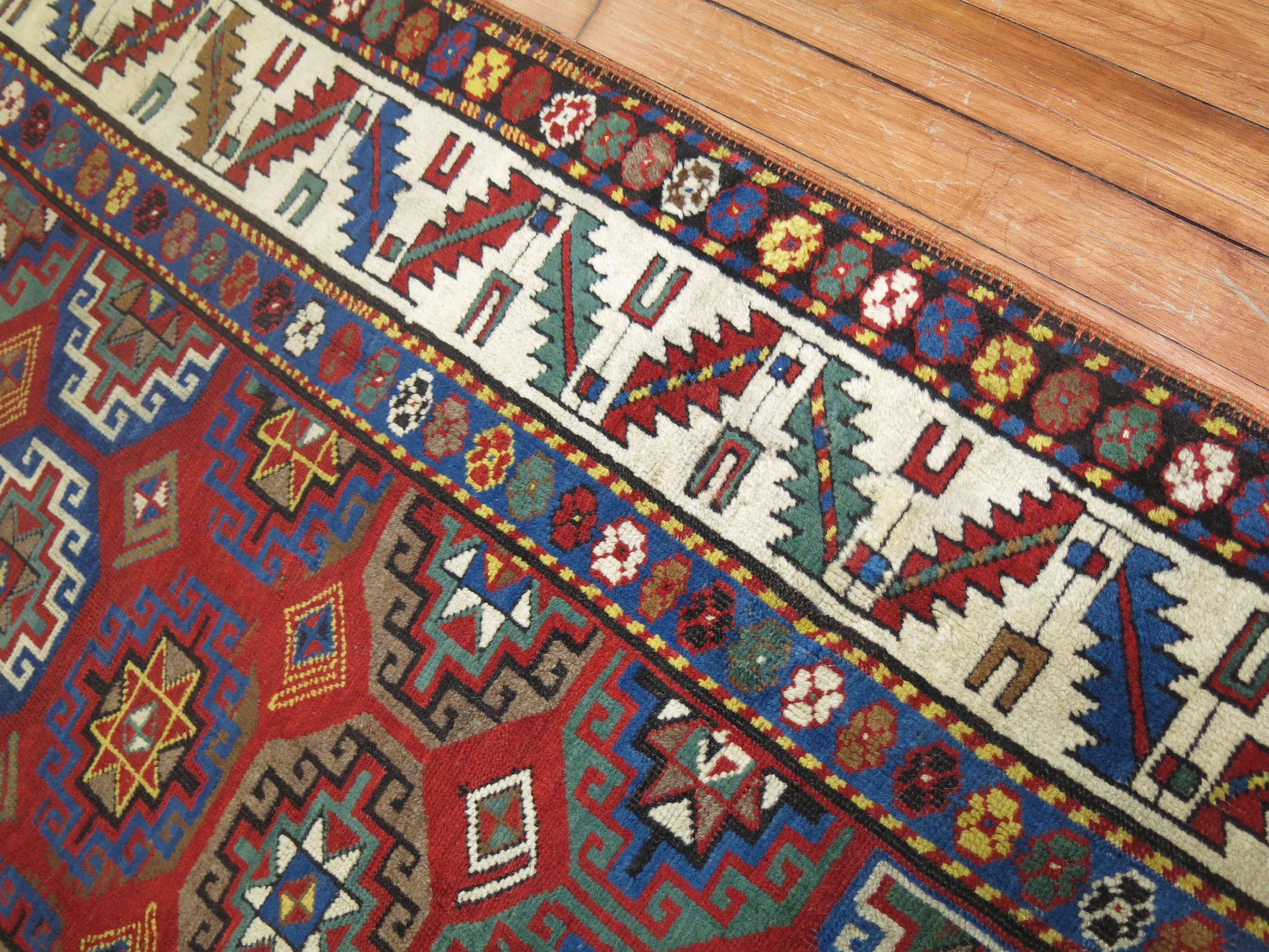 Wool Zabihi Collection Moghan Antique Caucasian Kazak runner For Sale