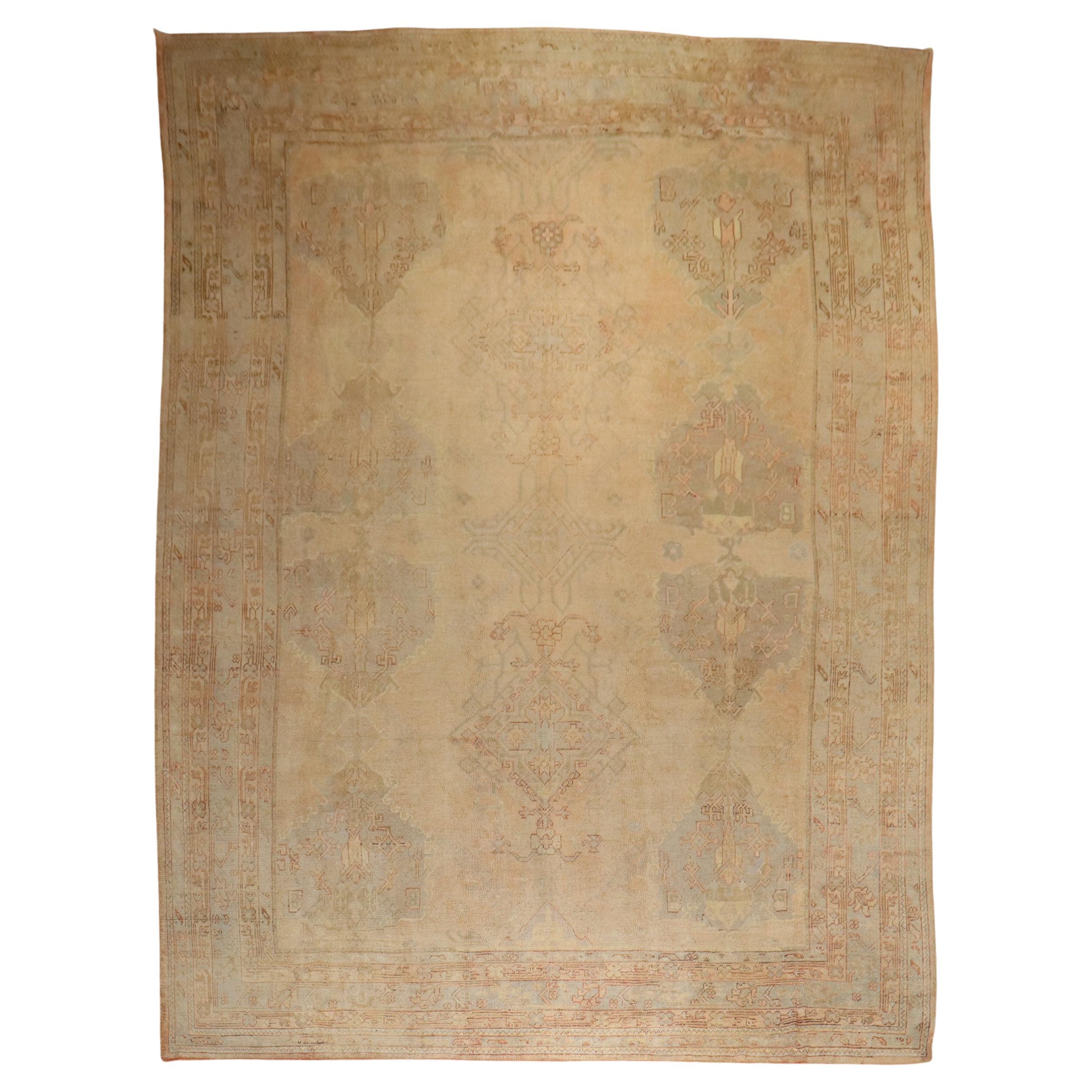 Zabihi Collection Muted Antique Turkish Oushak Rug For Sale