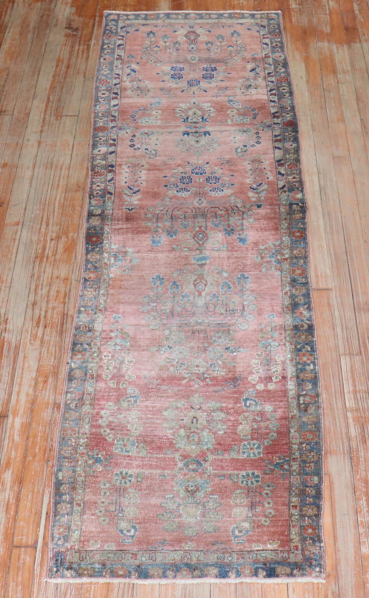 Wool Zabihi Collection Narrow Antique Persian Kashan Runner For Sale