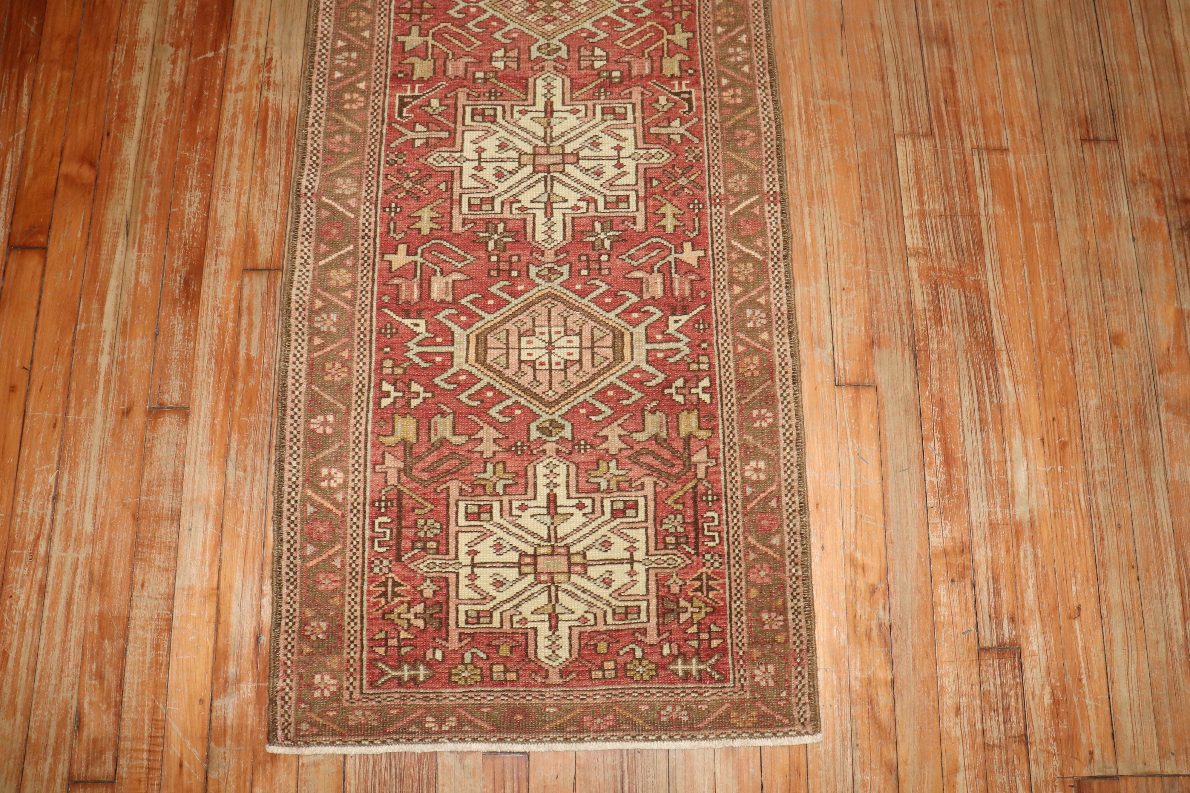 Hand-Woven Zabihi Collection Narrow Persian Neutral Heriz Runner For Sale