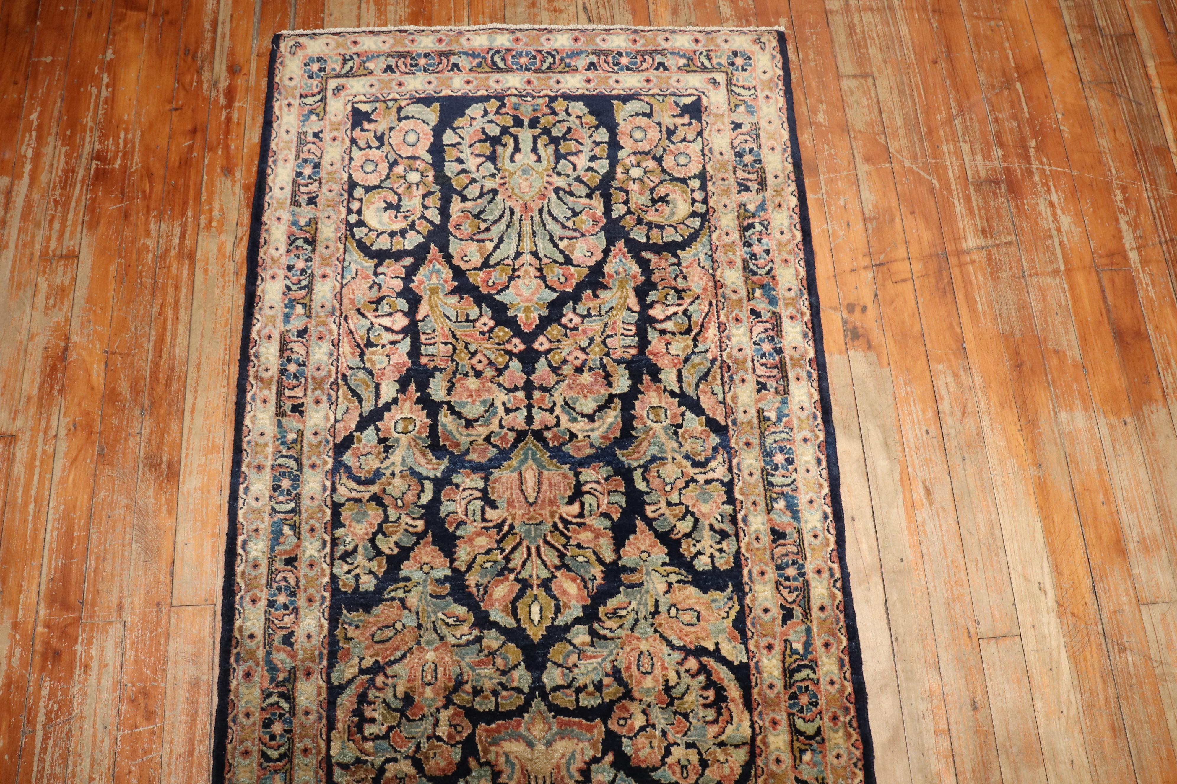 Wool Zabihi Collection Navy Antique Persian Sarouk Runner For Sale