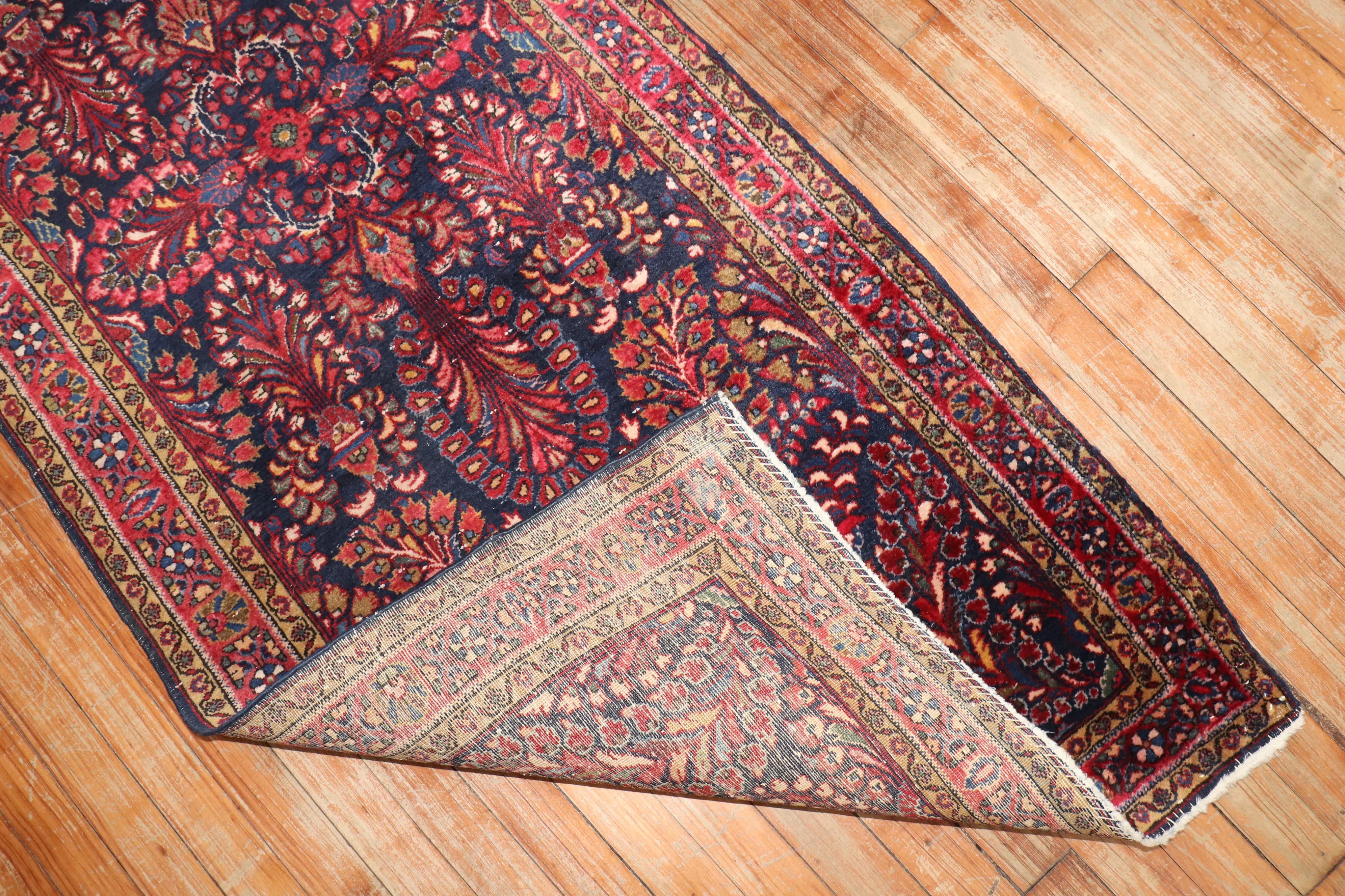 Hand-Woven Zabihi Collection Navy Antique Persian Sarouk Small Runner For Sale